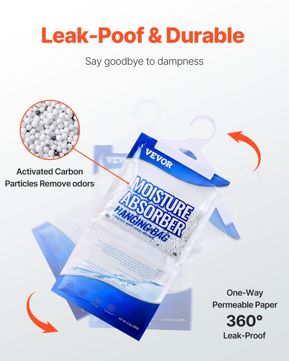 VEVOR Hanging Moisture Absorber Bags, Closet Dehumidifier for Damp Spaces (White, 9.3 oz, 10 Pack) odhkj
