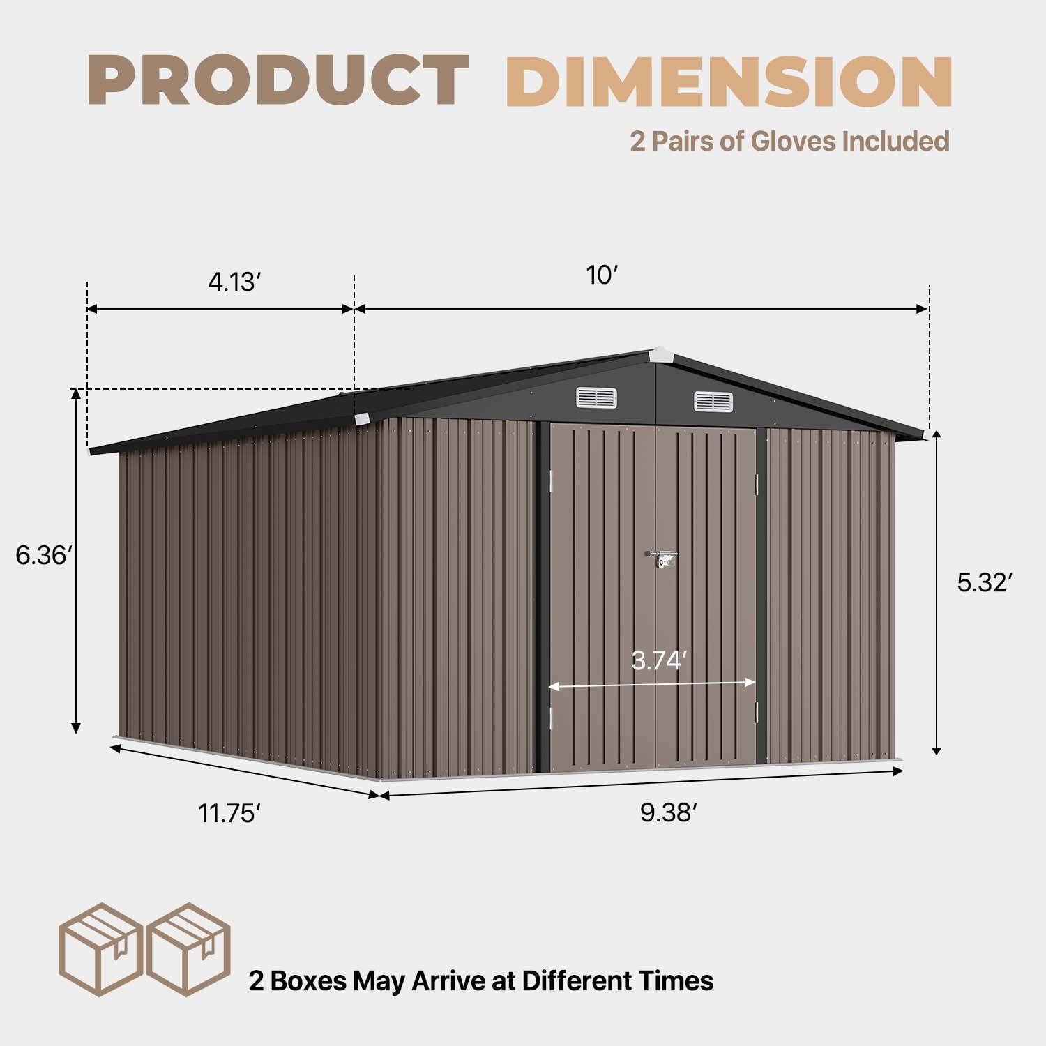 BaPiPro Metal Outdoor Storage Shed, Large Backyard Tool Shed with Lockable Door and Air Vent (Brown, 10 ft x 12 ft) i6pt5