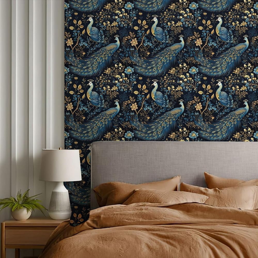 Usachibb Peel and Stick Wallpaper Vintage Peacock Floral Contact Paper for Furniture and Walls (Gold, 17.7 in x 118.1 in) 5b86z