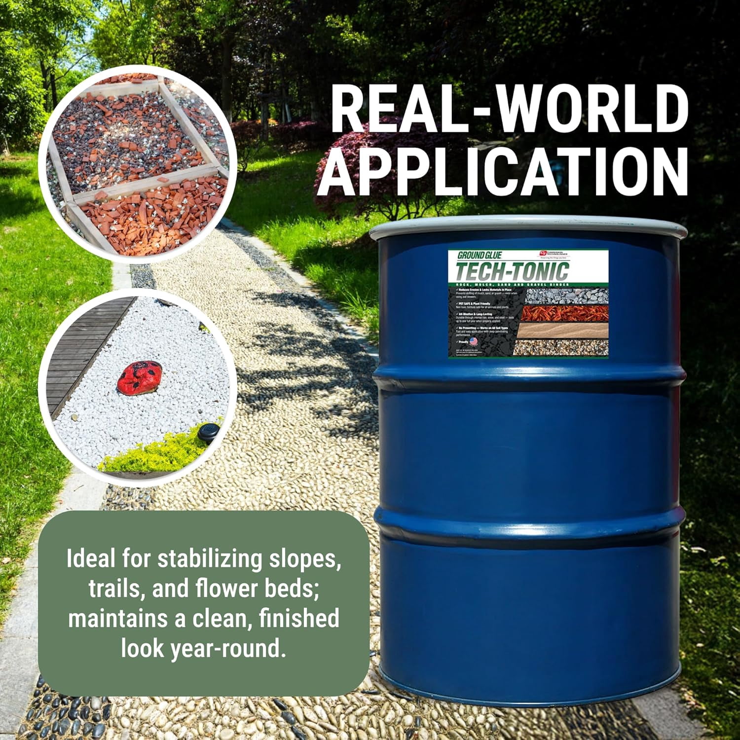 Ground Glue Tech-Tonic Landscape Adhesive for Rock, Mulch, and Sand, Weatherproof Stabilizer for Trails and Slopes (55 Gallon) ne1ld