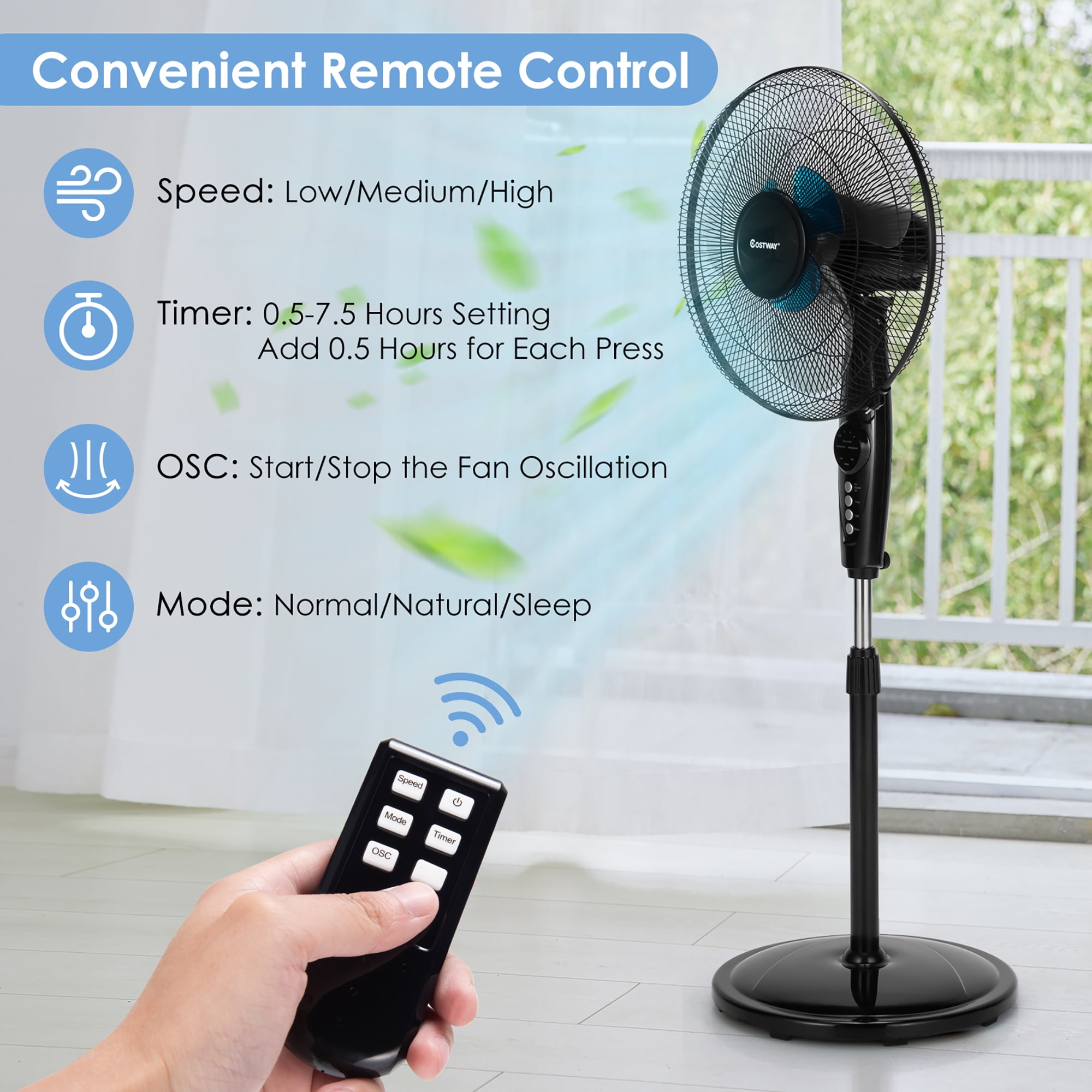 Costway 16 in Adjustable Oscillating Pedestal Fan with Dual Blades and Remote Control (Black, 16 in) gv60q