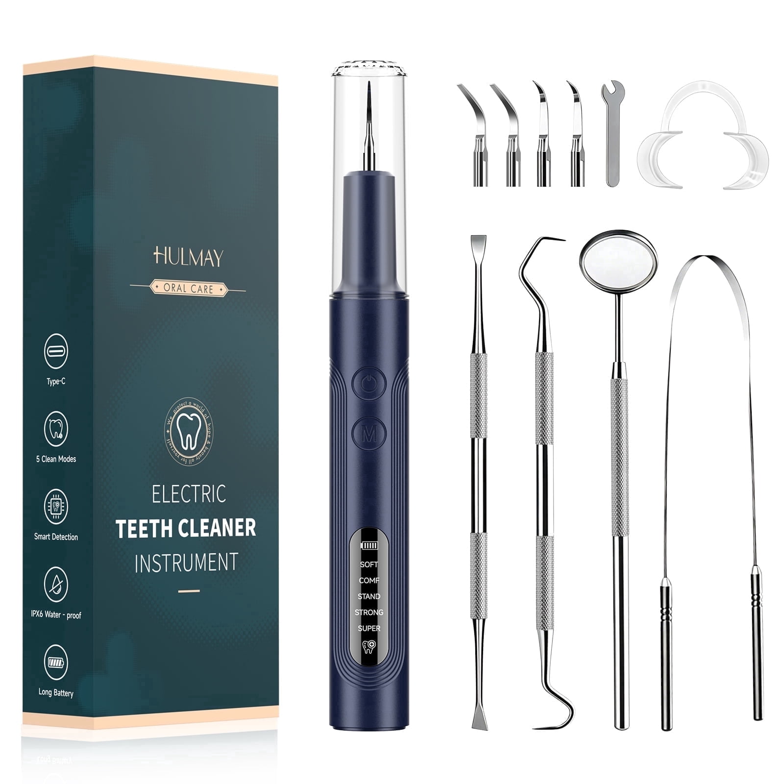Hulmay Electric Plaque Remover for Teeth, Tartar Cleaner with LED Light and 5 Cleaning Modes (Blue, 1 Kit) x2uyk