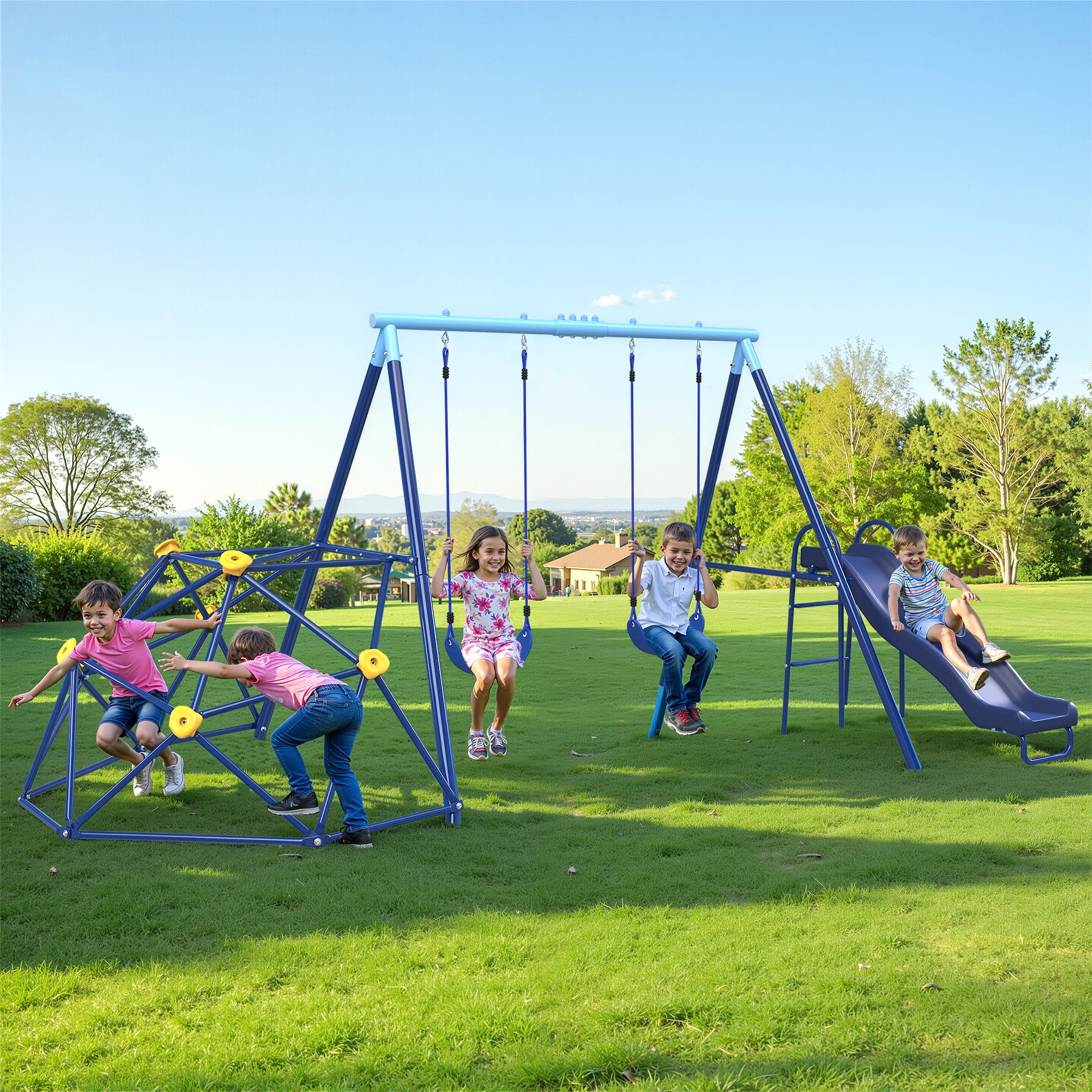 SMkidsport Metal Swing Set with Slide and 6ft Climbing Dome (Blue, 500 lb Capacity) zyj0v