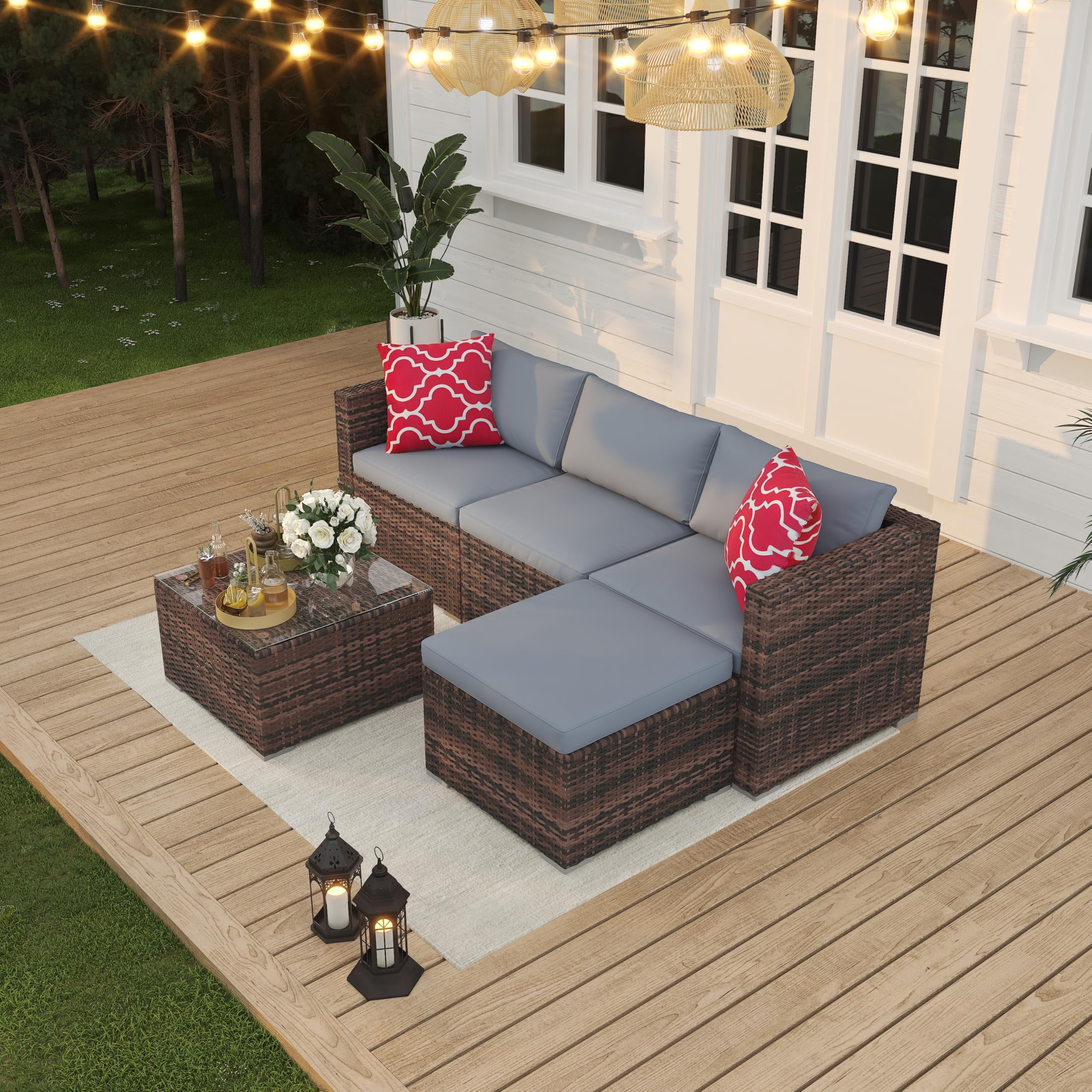 EliteEdge 5-Piece All-Weather PE Rattan Patio Sofa Set, Modular Outdoor Furniture with Tempered Glass Table and Waterproof Cushions (Brown Rattan, Light Grey Cushion, 5-Piece Set) i6xq3