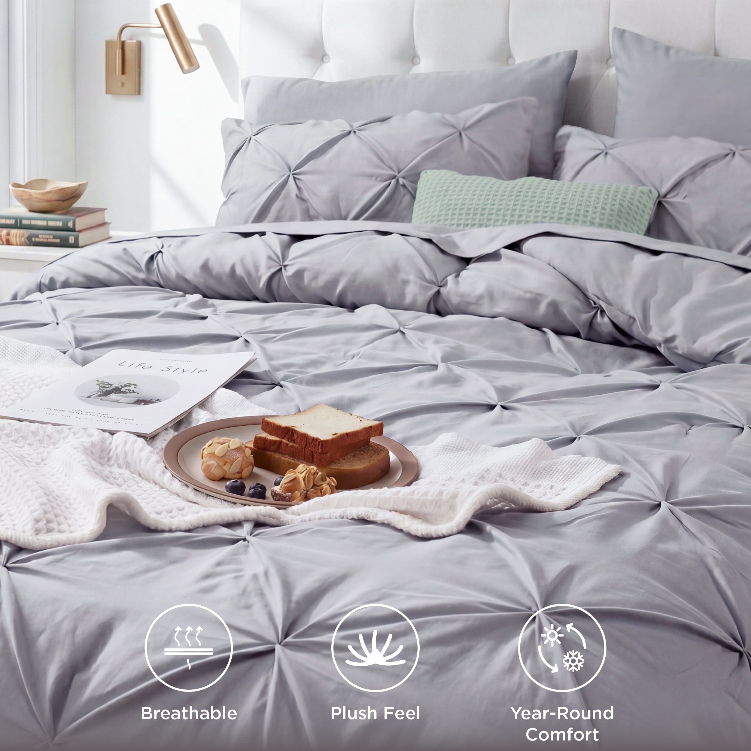 U by Bedsure Queen Comforter Set (Grey, 7-Piece Pinch Pleat All-Season Bedding) f1ptv
