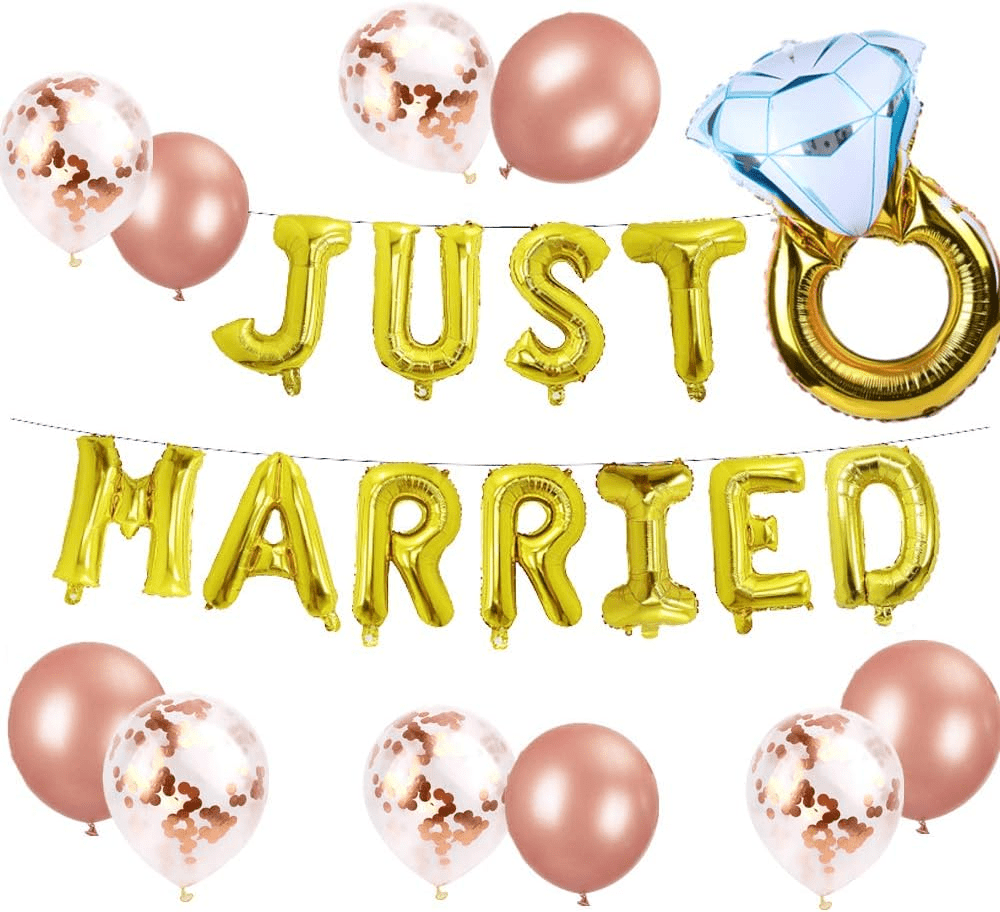 Roaring Good Time Just Married Balloon Banner Set for Bridal Shower and Wedding Party Decorations (Pink, 12 Piece Set) fmsgl