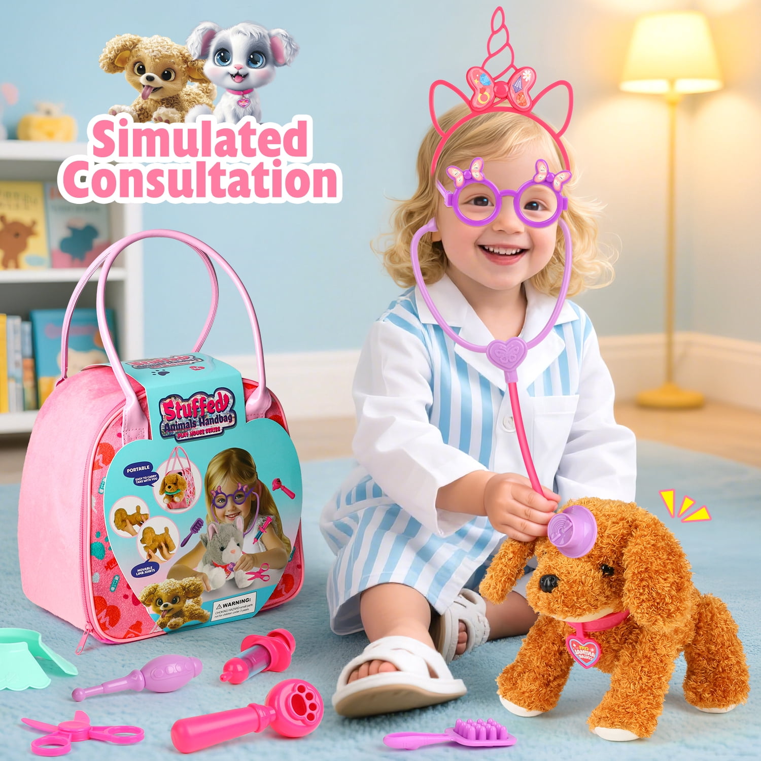 UQN Veterinarian Playset for Kids, Interactive Plush Dog Toy with Medical Tools and Pet Handbag (Pink, 12 Piece Set) 406cj