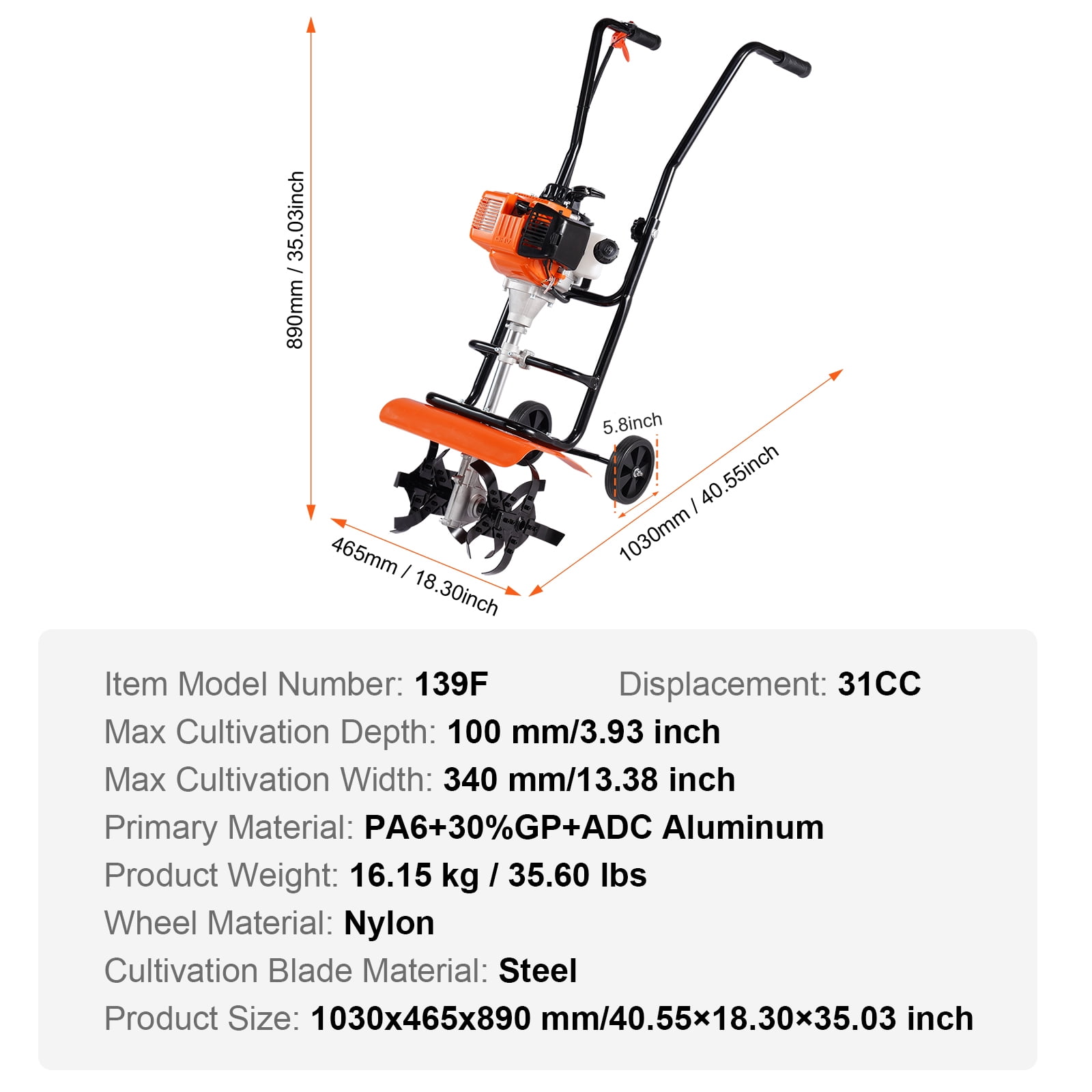 KFFKFF 31CC 4-Stroke Gas Garden Tiller, Adjustable 4-Tine Cultivator for Lawn and Soil (13.38 in Width) wqeep