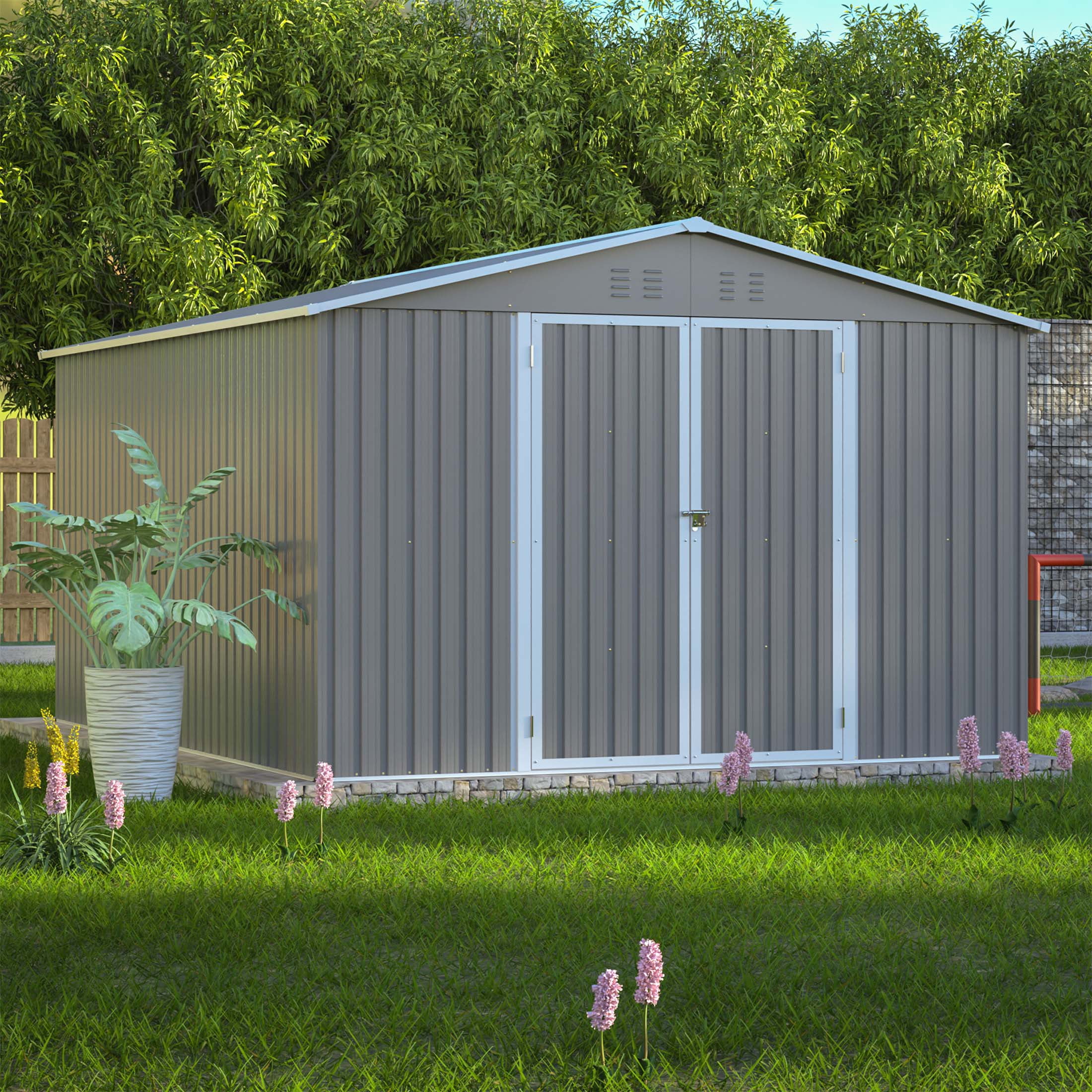 LZBEITEM Outdoor Storage Shed with Floor Frame Kit, Galvanized Steel Garden Tool Shed, Weatherproof Backyard Storage with Lockable Double Doors (Gray, 10 ft x 12 ft) 7fx83