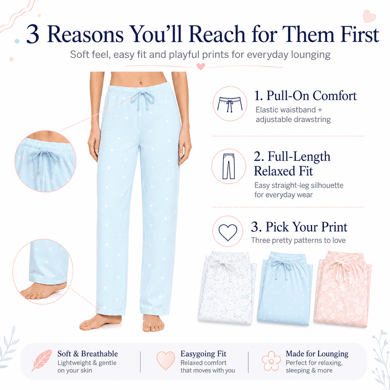 Daresay Women’s Lounge Pants 3-Pack, Soft Stretch Pajama Bottoms with Adjustable Drawstring Waist (Blue, S) l1i9e