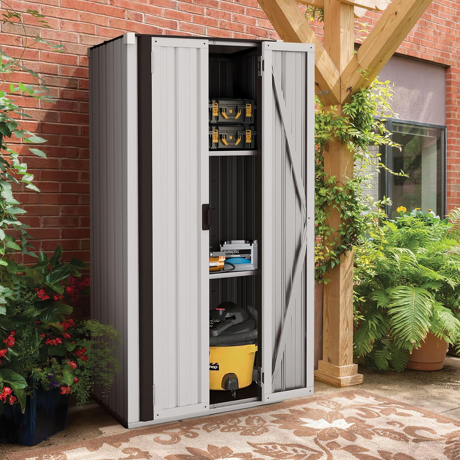 AECOJOY Outdoor Storage Cabinet Metal Organizer with Adjustable Shelves and Lockable Doors (White) lcobe