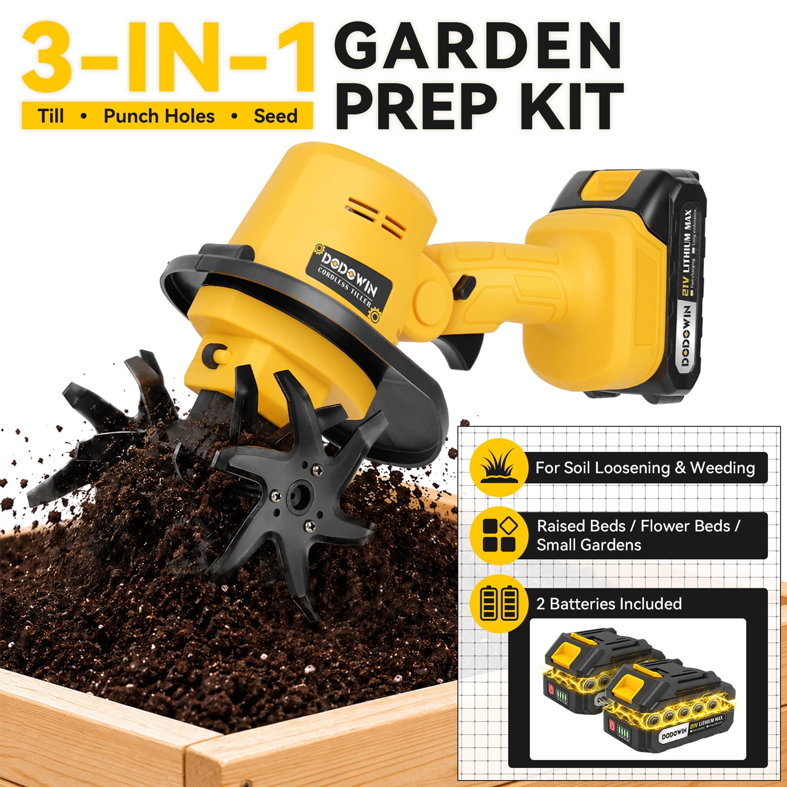 Dodowin Cordless Power Tiller, Lightweight Electric Cultivator for Garden Soil Preparation (1 Battery, 1 Charger) b2hta
