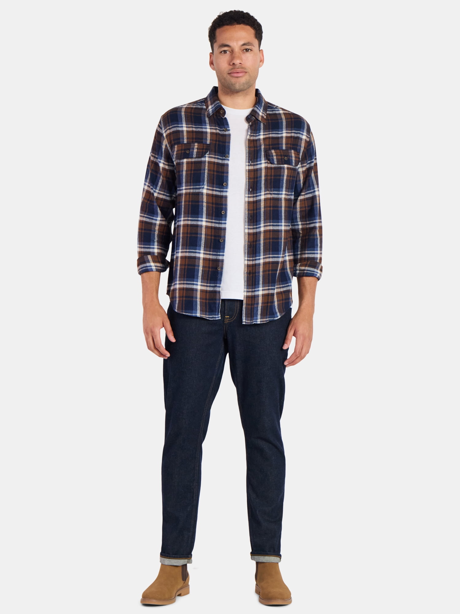George Men's Long Sleeve Plaid Flannel Shirt, Double Pocket Button Down, 2 Pack (Brown, XS) kocxj