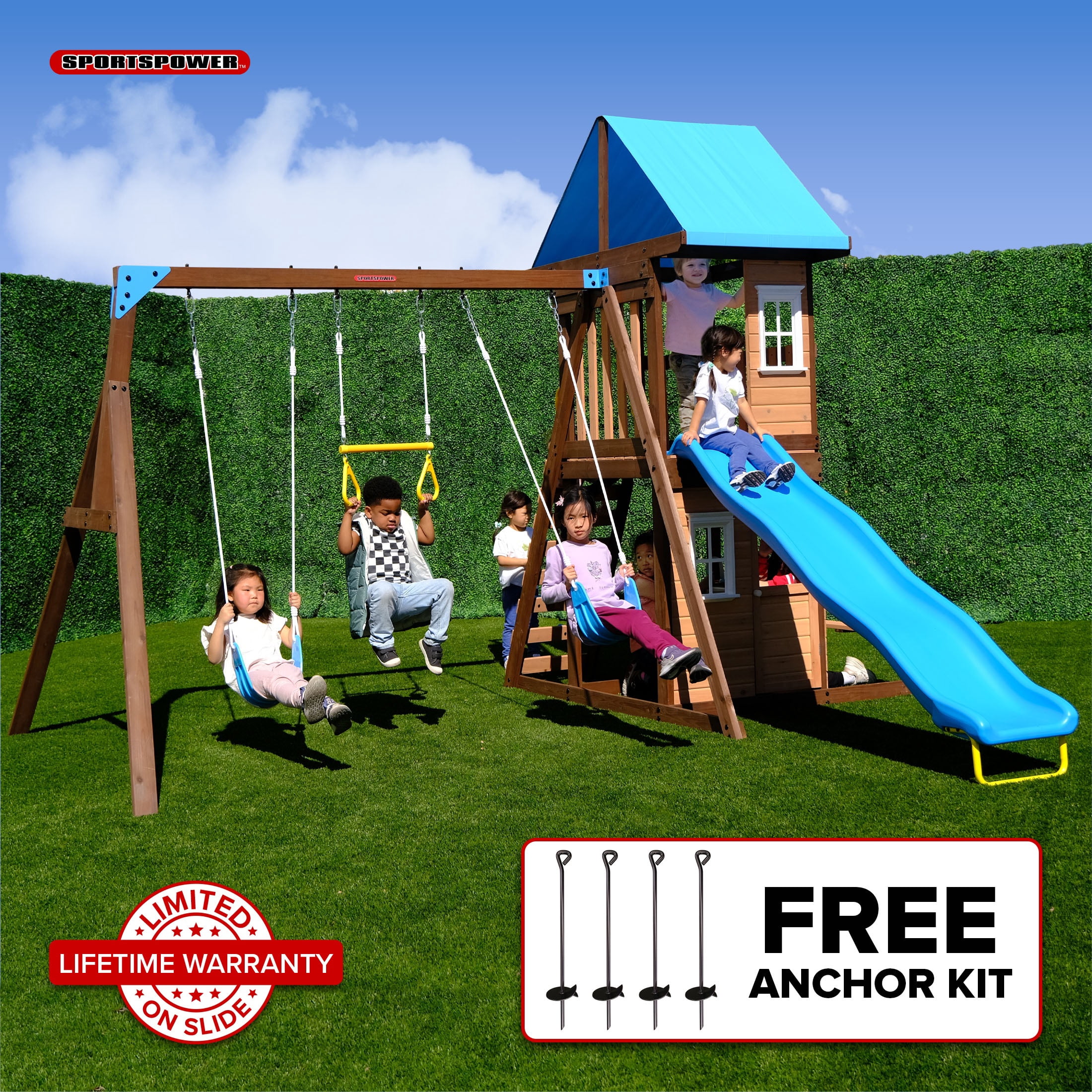 Sportspower Lakeview Wooden Swing Set with Slide, Trapeze, and Play Kitchen (Blue, 13 ft x 10.8 ft x 9.1 ft) eso97