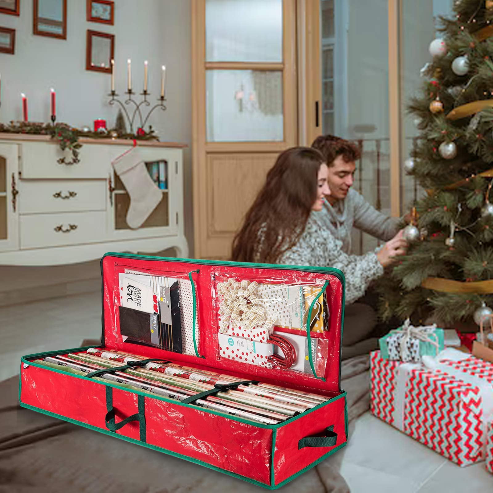 AYktou Wrapping Paper Organizer Storage, Tear-Resistant Fabric Gift Wrap Holder with Inner Pockets (Red, 41x14x6 in) 1o5dv
