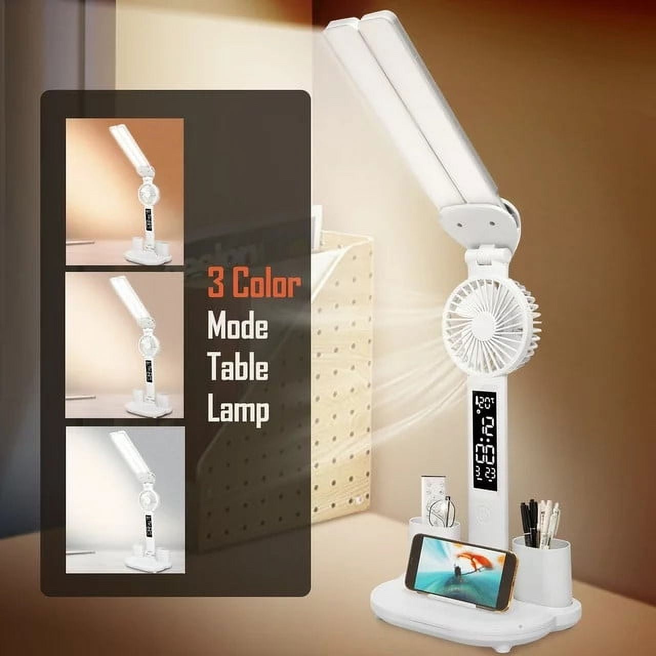 DELLMAO LED Desk Lamp with Eye Protection, Adjustable Brightness and Color Temperature, Built-in Clock and Pen Holder (White, 1 Pack) g2m2w
