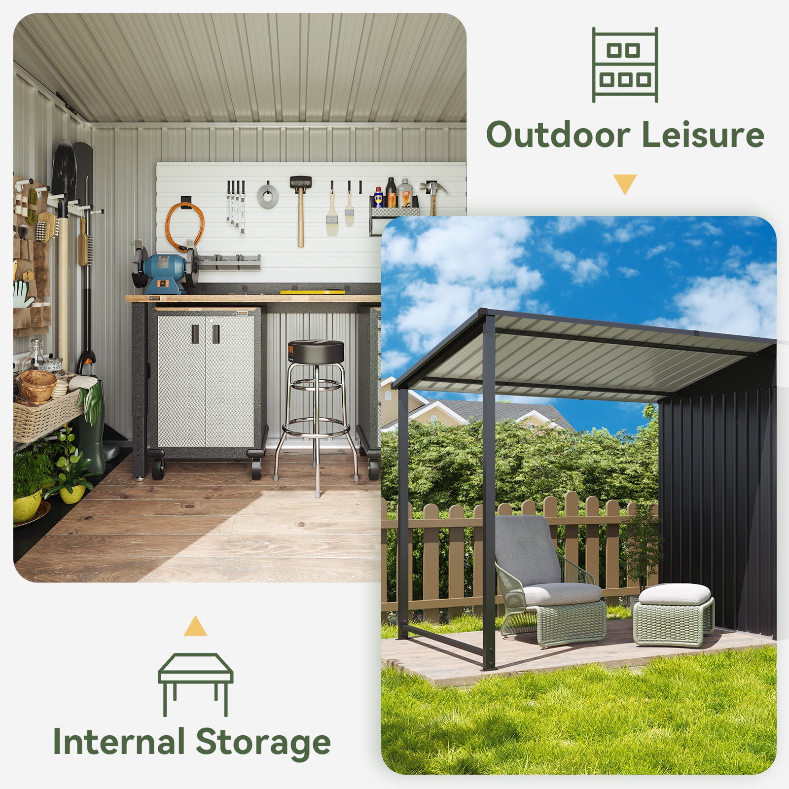 CLOUDDWELL Metal Storage Shed with Hardtop Pergola (Black, 153 in x 50 in x 73 in) zimnn