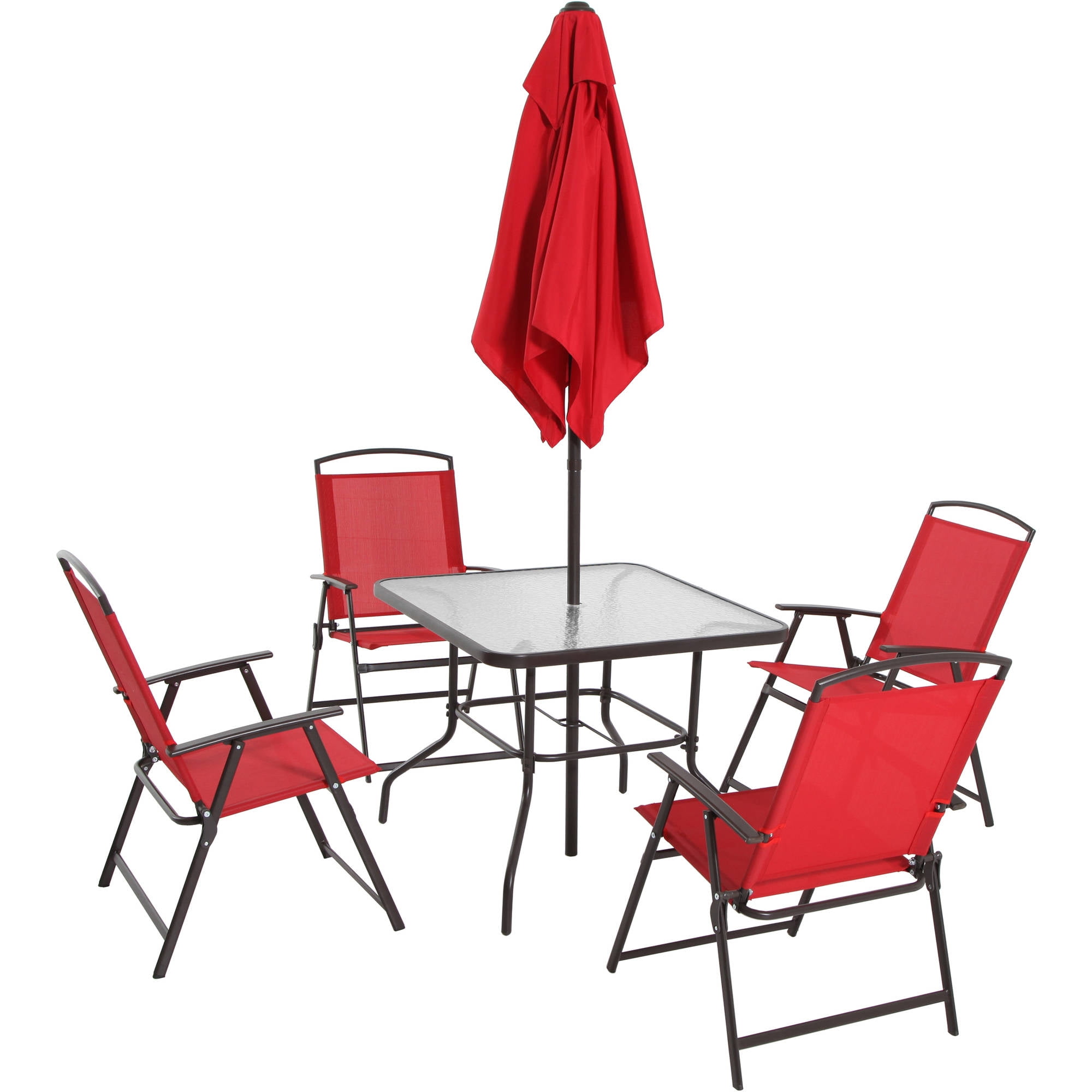 Mainstays Albany Lane 6-Piece Outdoor Patio Dining Set with Umbrella (Red, 6-Piece Set) jvyro