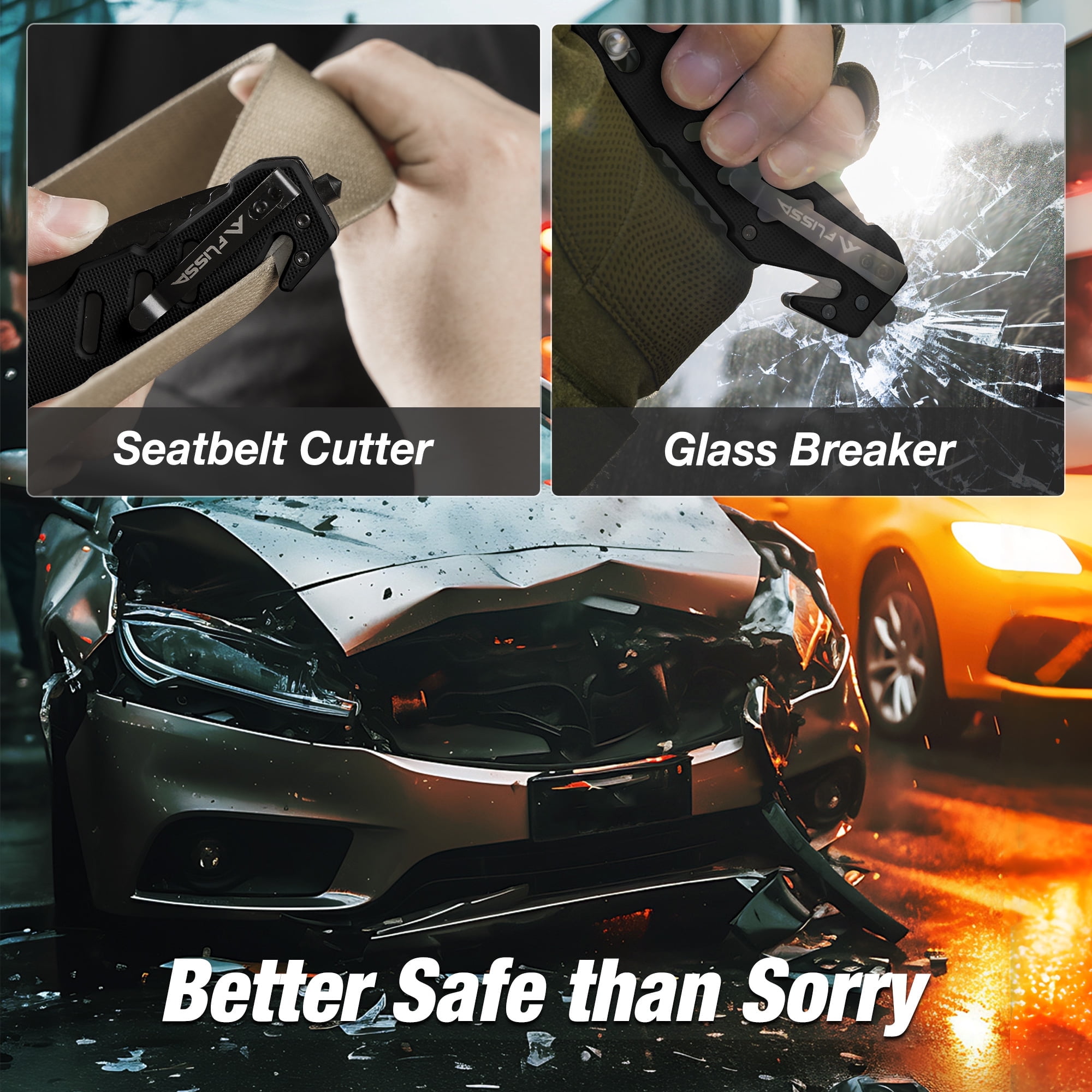 FLISSA Folding Pocket Knife with Glass Breaker and Seatbelt Cutter (Black, 3.5 in) ncwqy