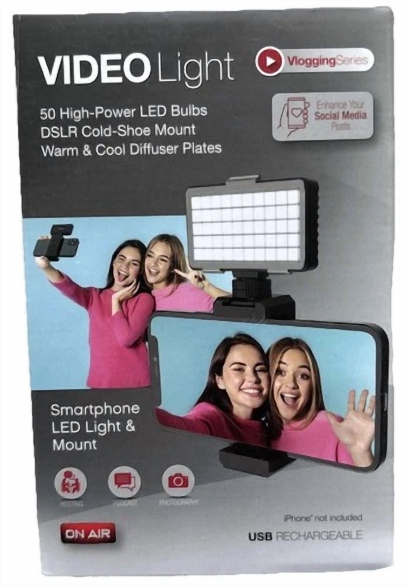 Rhea On Air Vlogging Series LED Video Light with Phone Mount (Black, 1 Pack) 458ue