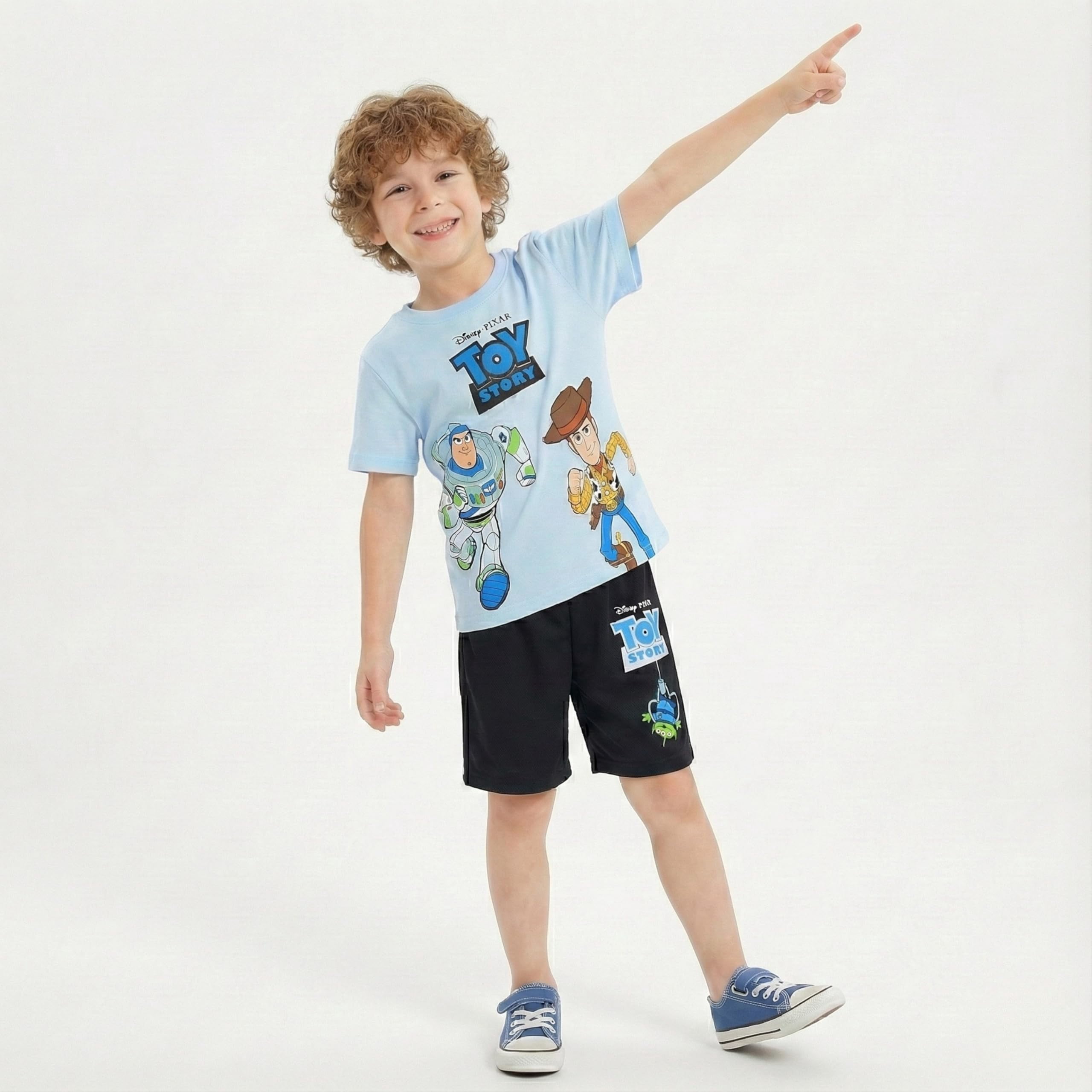 Disney Toy Story Woody and Buzz Lightyear Short Sleeve T-Shirt and Shorts Outfit Set (Blue, 2T-7) b4to3
