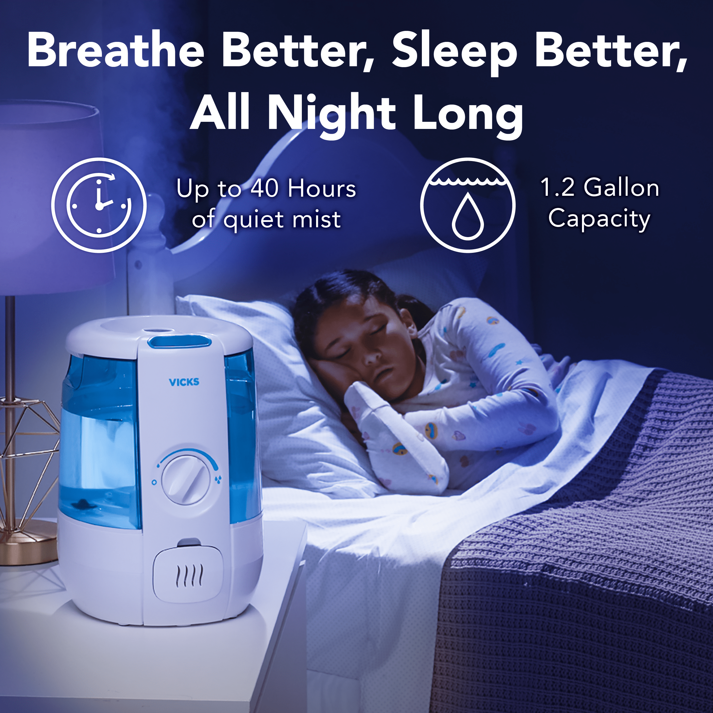 Vicks Cool Relief Ultrasonic Humidifier, Filter-Free Quiet Operation for Bedroom (White, 1.2 gal) v4wzq