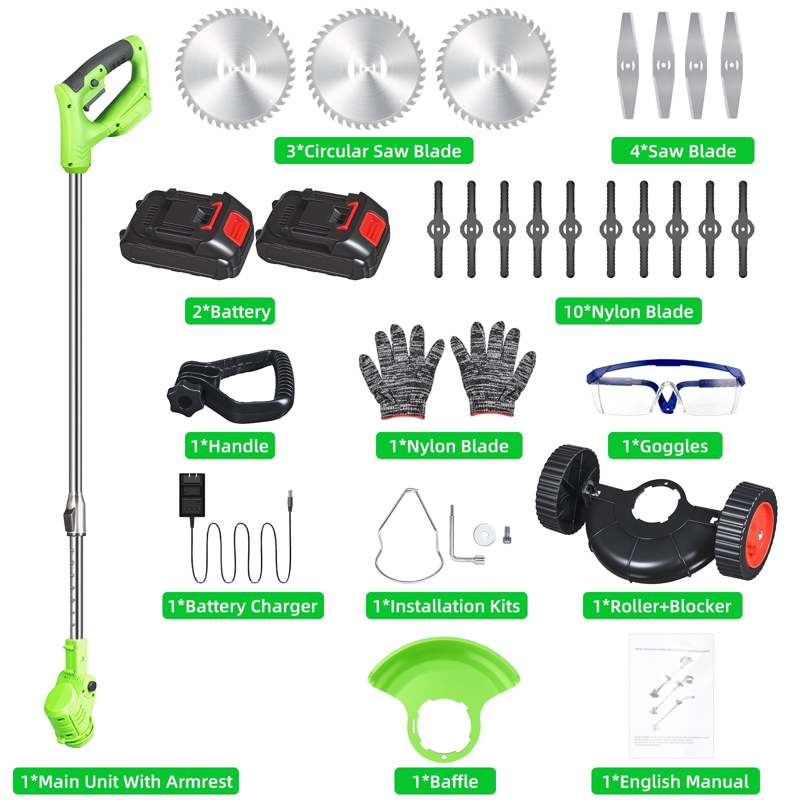 Paddsun Electric Cordless Lawn Trimmer, 21V Weed Wacker with Wheels and Adjustable Handle (Green, 47.2 in) mnmji