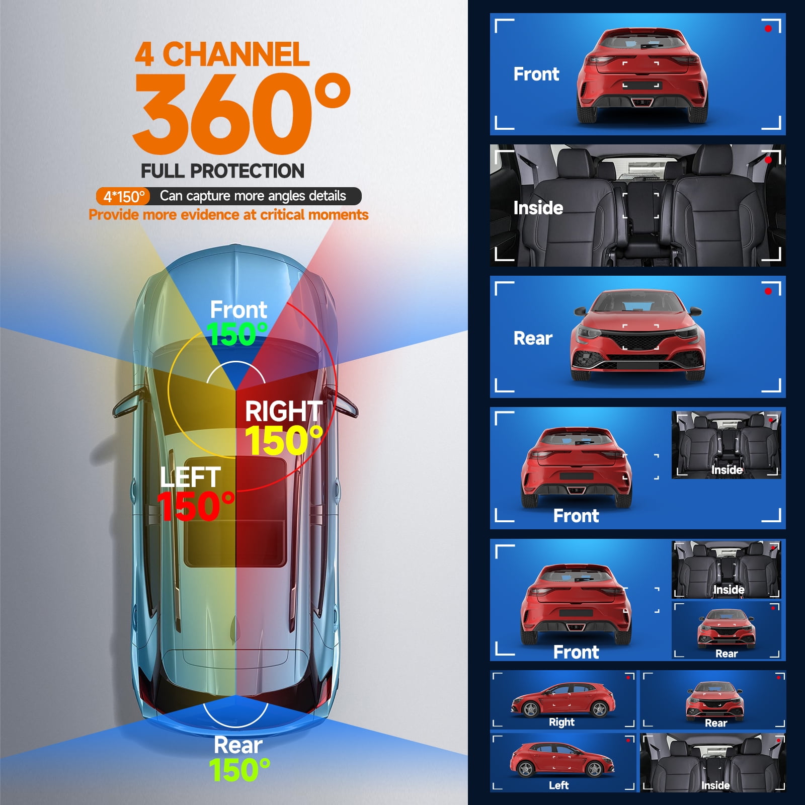 HUPEJOS 4-Channel Dash Cam 360° Car Camera System with 64GB Card, Voice Control, 2K Front & 1080P Interior/Rear Recording, WiFi & Night Vision (Black, 3.16 in Screen) x84ca