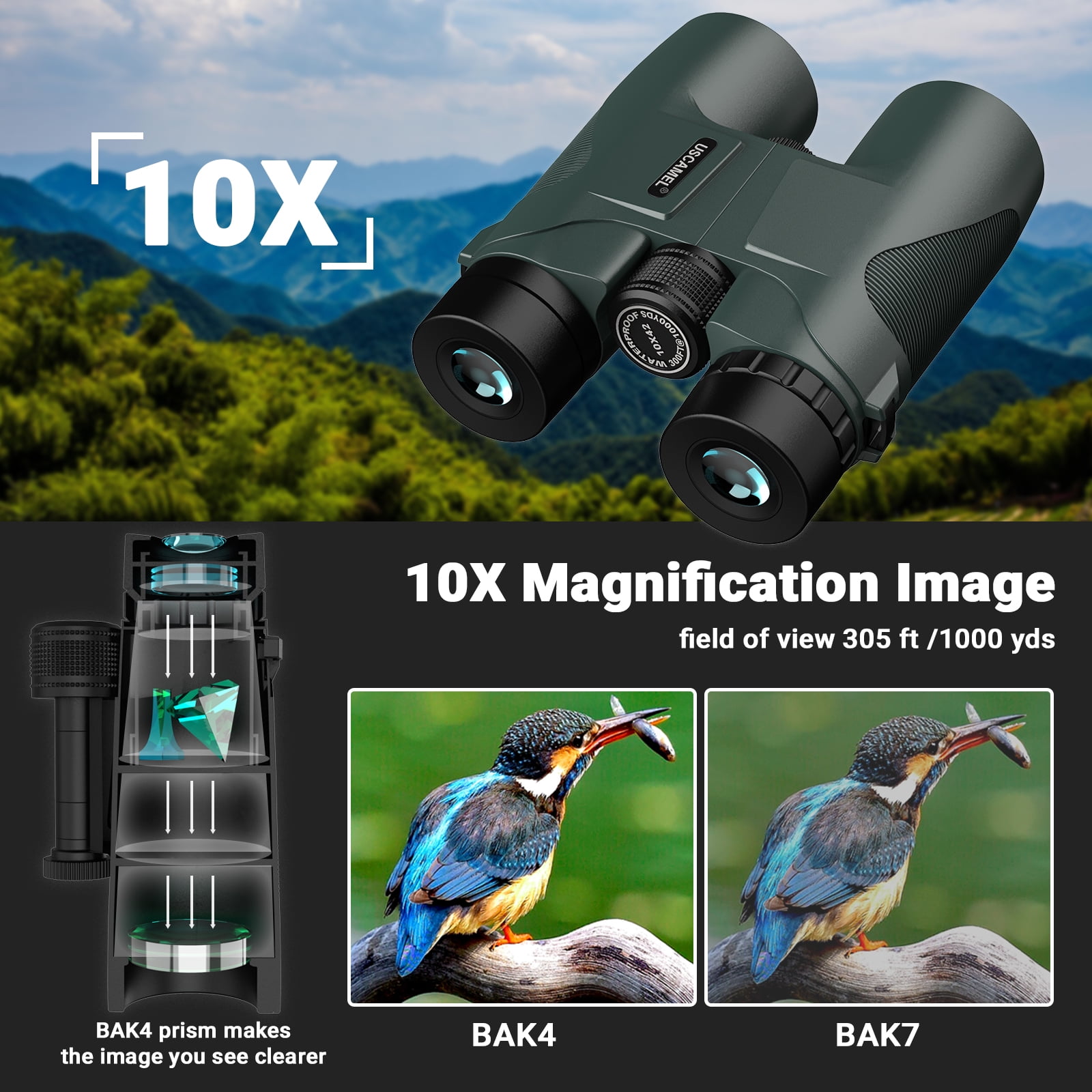 USCAMEL 10x42 Binoculars for Adults, Professional HD BAK4 FMC Optics, Waterproof Hunting & Bird Watching Gear (Green, 10x42) ohiq0
