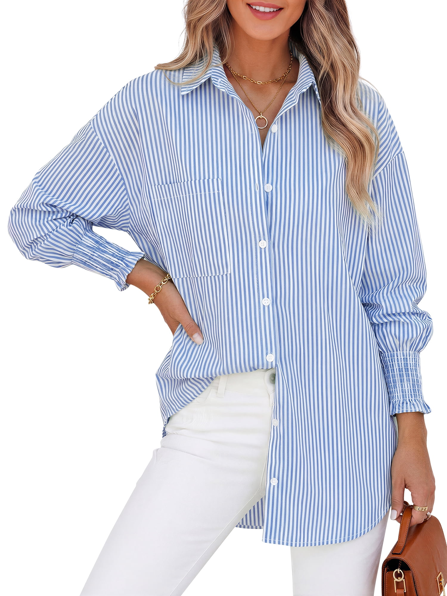 Fantaslook Women's Striped Button Down Shirt Long Sleeve Blouse with Pocket (Blue, M) 43399