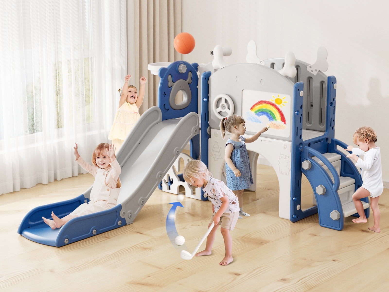 Korimefa 11-in-1 Toddler Climber and Slide Playset with Basketball Hoop and Golf Set (Blue, 62.6 x 62.6 x 39 in) ehwmm