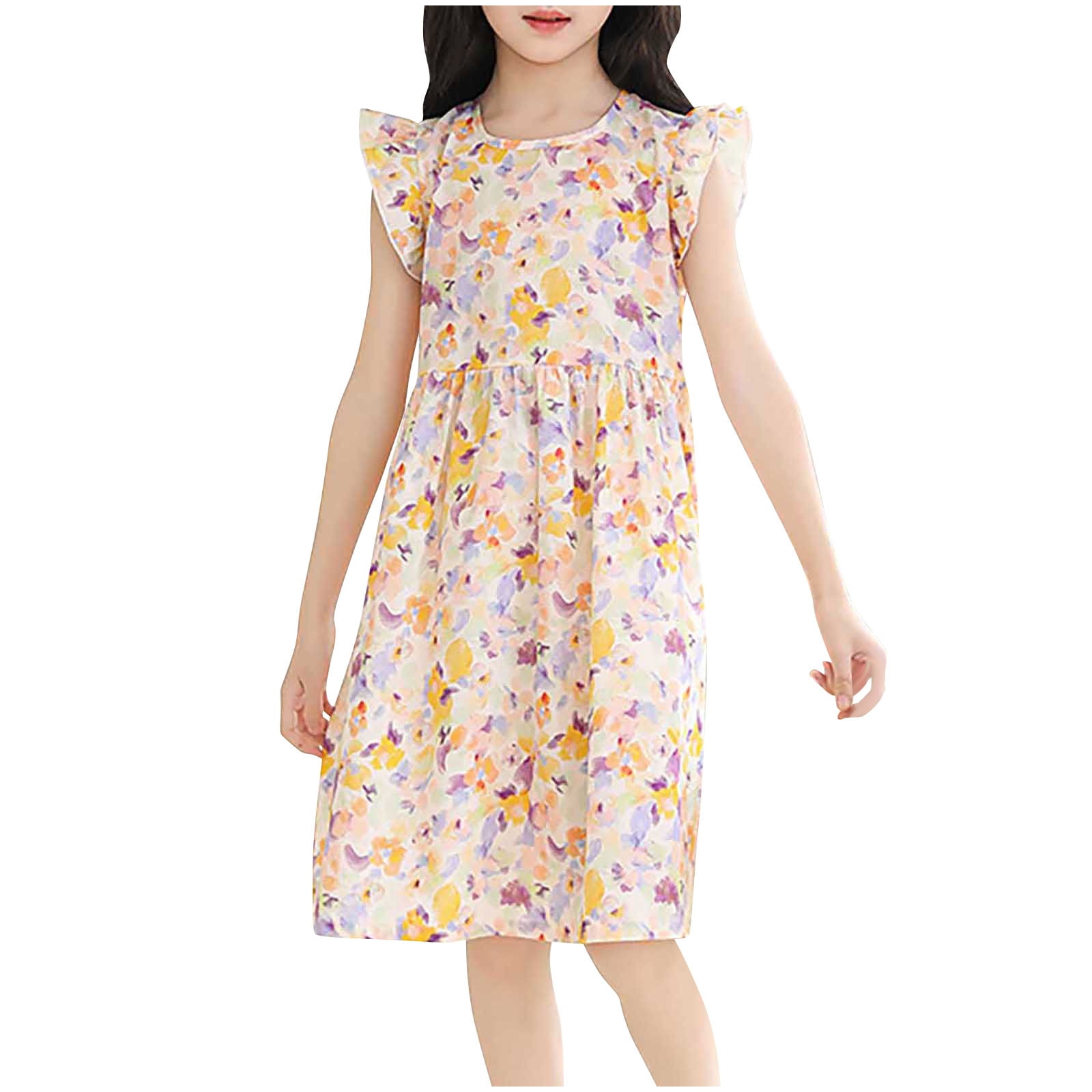 HAOTAGS Girls Summer Dress Flutter Sleeve Graphic Print Casual Playwear (Yellow, 4-5 Years) hz4vf