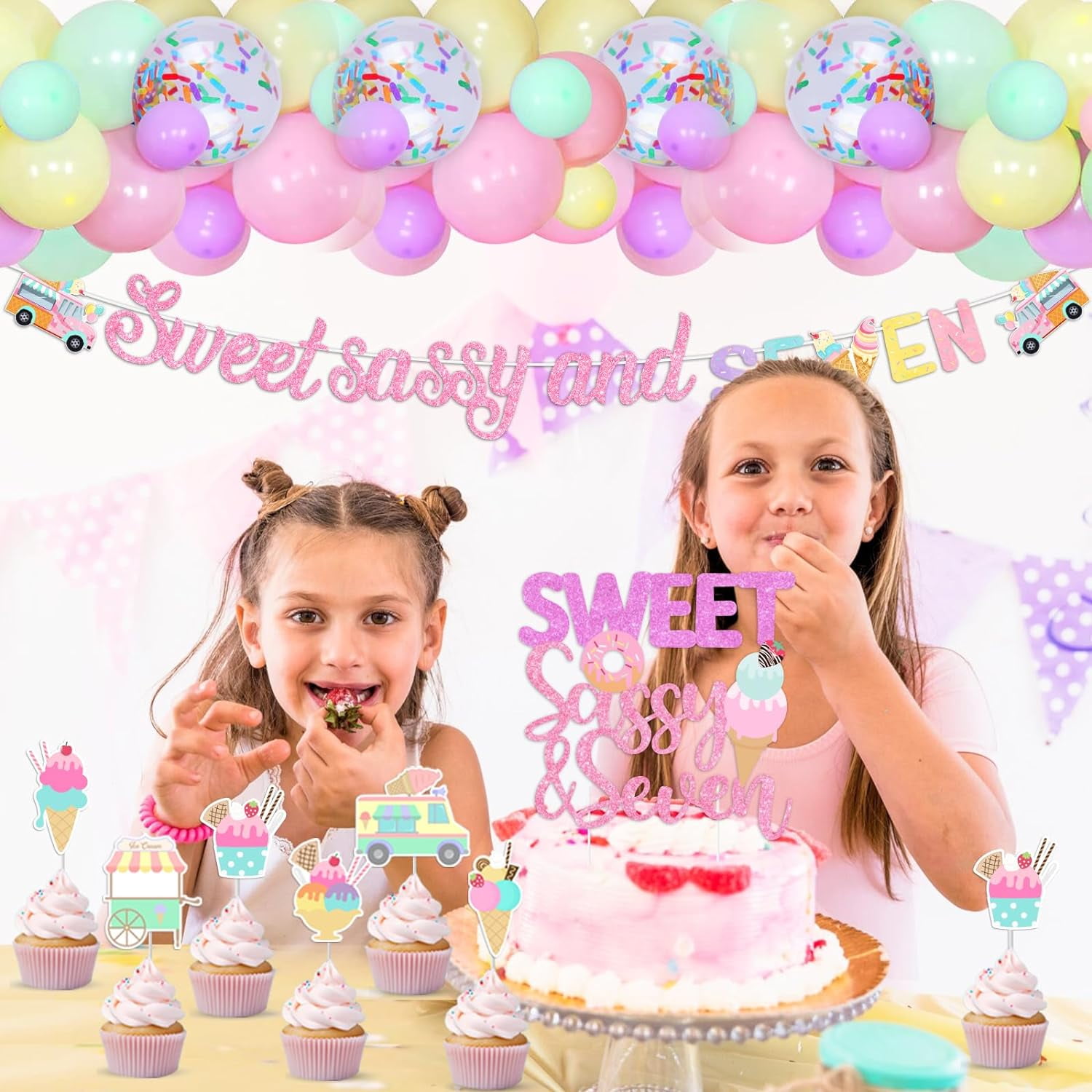 Cheereveal Ice Cream 7th Birthday Party Decoration Set, Sweet Sassy and Seven Banner, Balloon Garland Arch Kit (Yellow, 87 Piece Set) oblx7