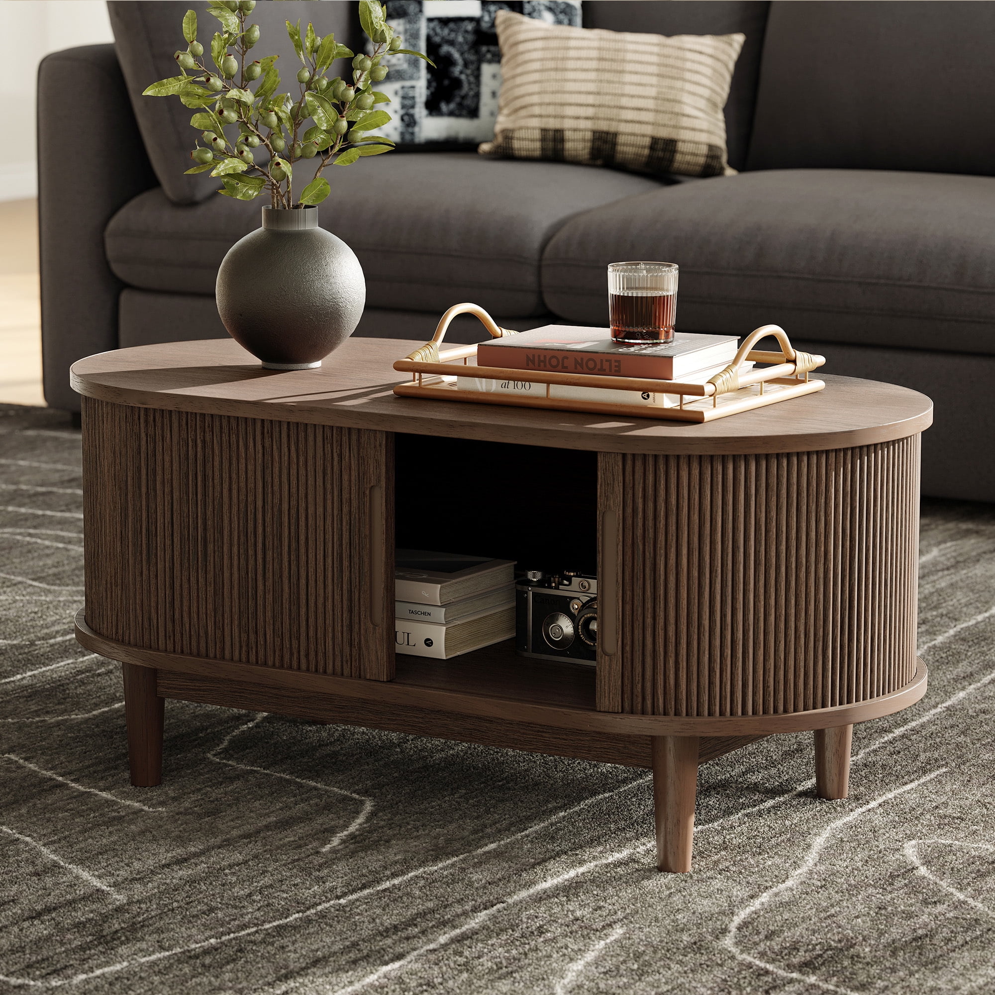 LINSY HOME Fluted Coffee Table with Storage, Mid-Century Modern Living Room Furniture with Sliding Tambour Doors (Walnut, 47.2 in x 23.6 in x 17.7 in) 3zusi