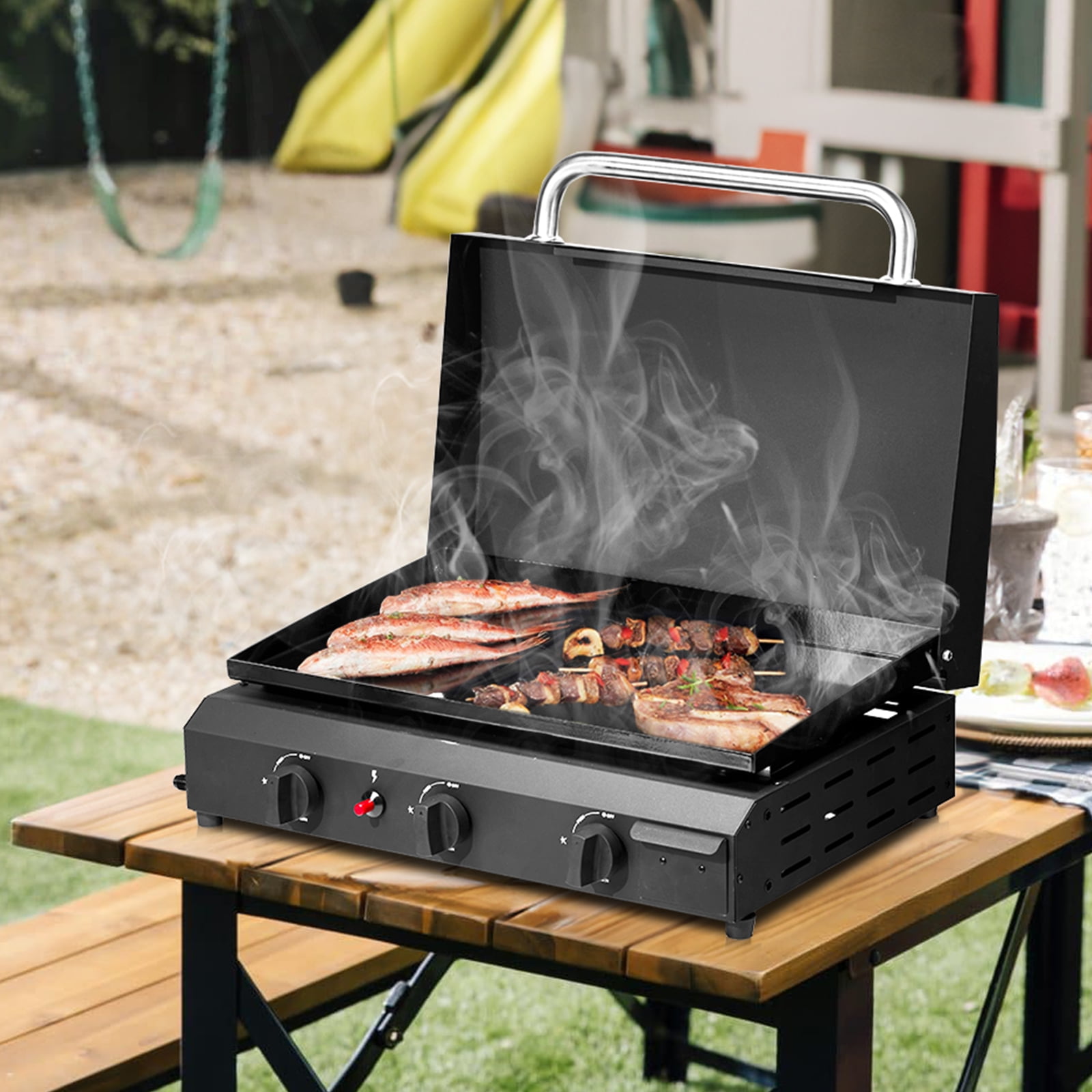 Seizeen 3-Burner Propane Gas Griddle, Portable Outdoor Flat Top Cooking Station with Ceramic Coated Cast Iron Plate (Black, 23 in) o6kvi