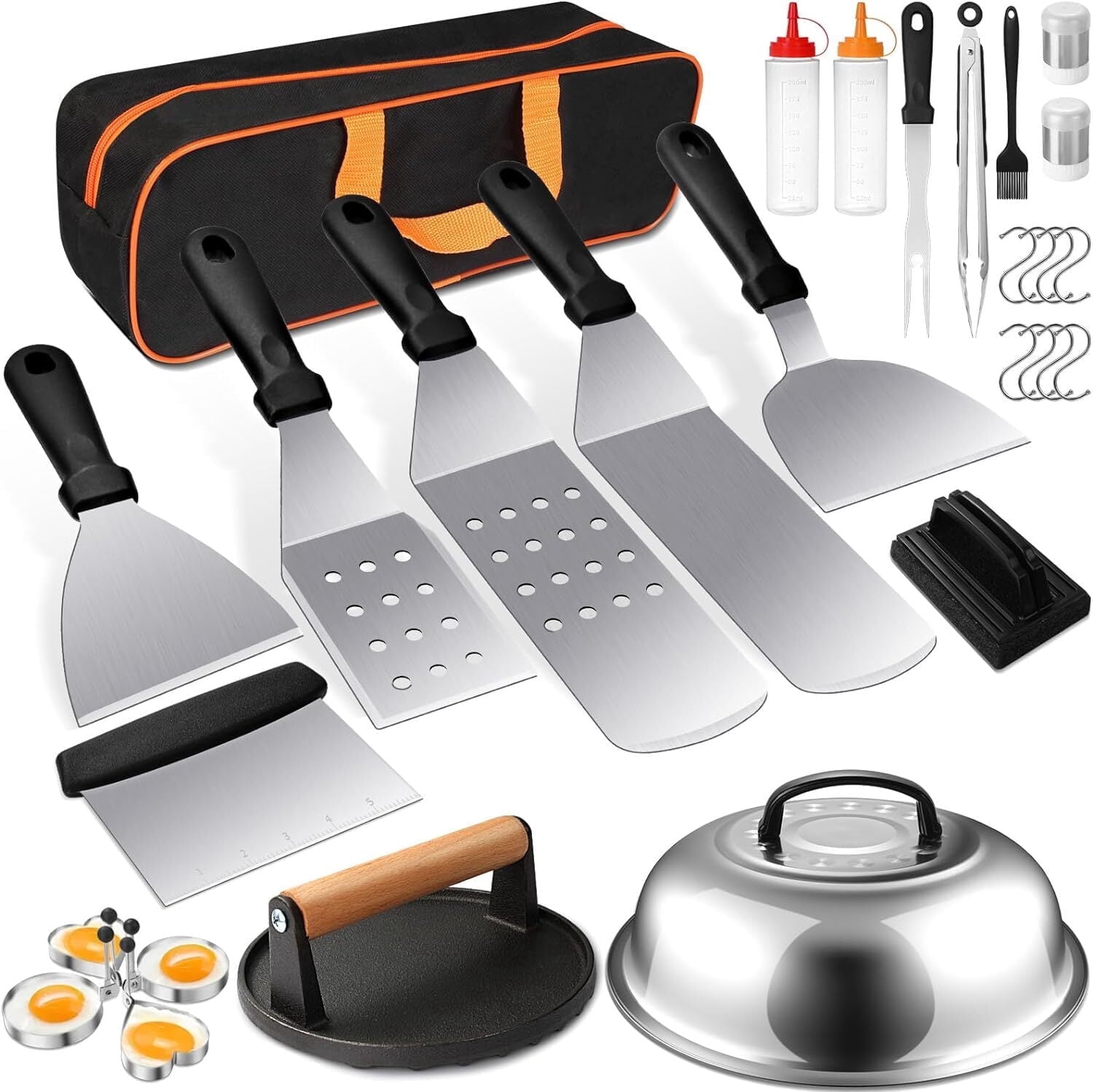 Beloadence 29-Piece Griddle Accessories Kit, Professional Stainless Steel Grill Tool Set with Basting Cover and Burger Press (Silver, 29-Piece) 7445o
