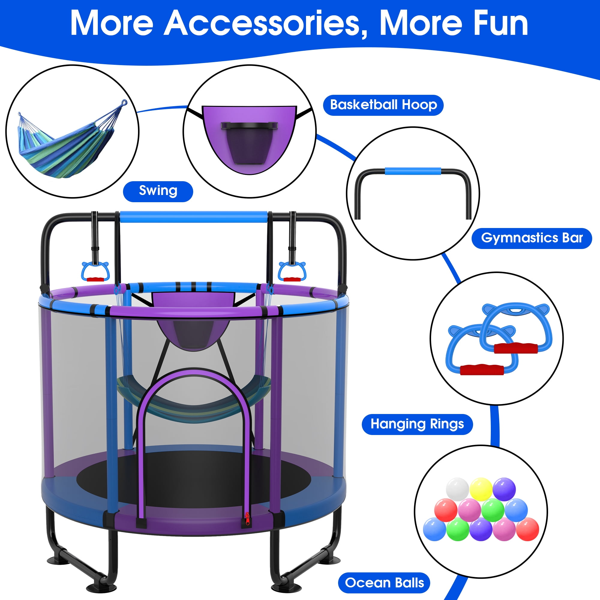 Cochan Kids Trampoline with Enclosure Net and Adjustable Gymnastics Bar (Blue, 5 ft) sq8dr
