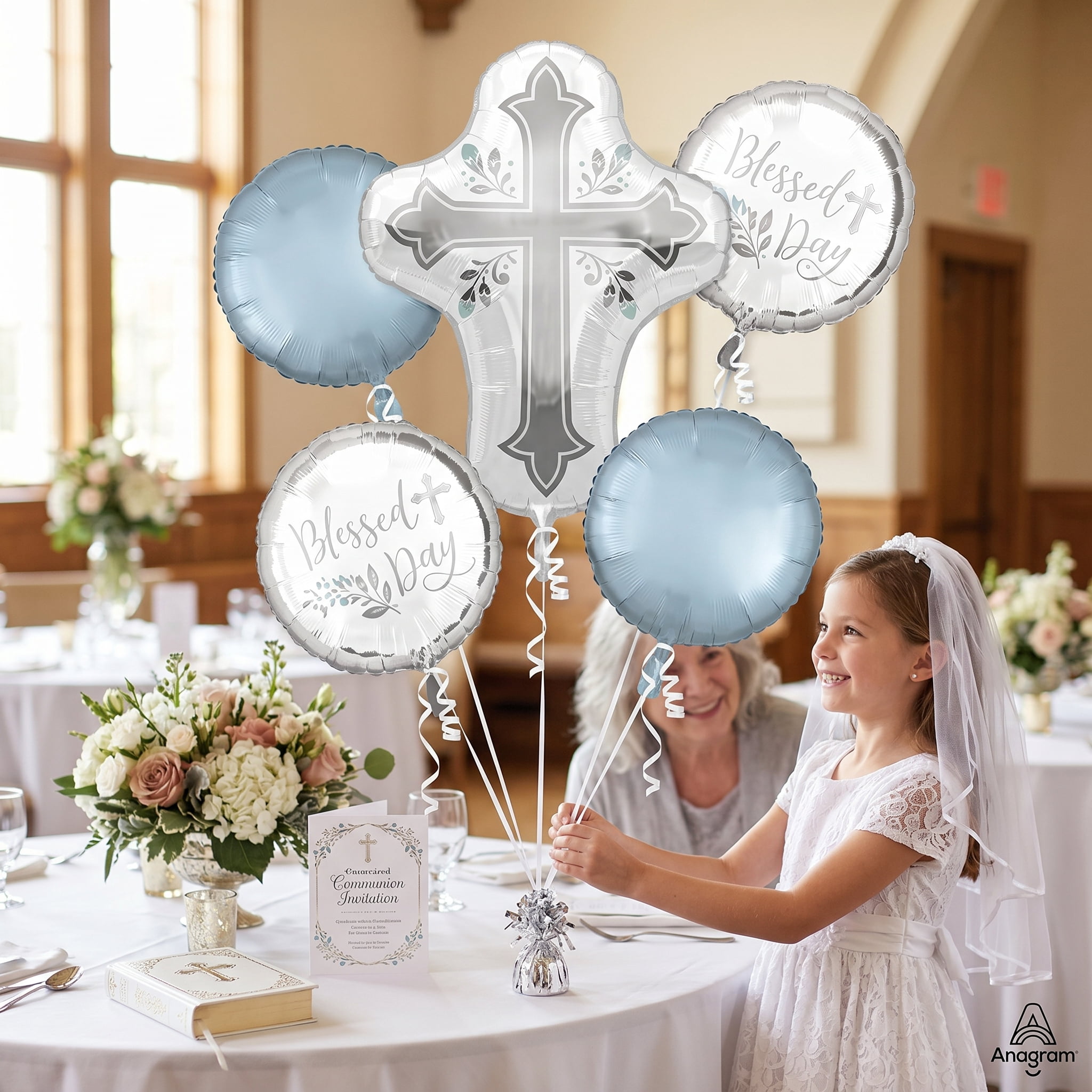 Anagram First Communion Balloon Bouquet (Blue and Silver, 5 Piece Set) 0lapm