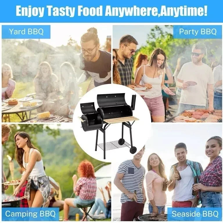Bitiwend Charcoal Grill with Offset Smoker, Outdoor BBQ Grill with Side Table and Temperature Gauge (Black) zn2hj