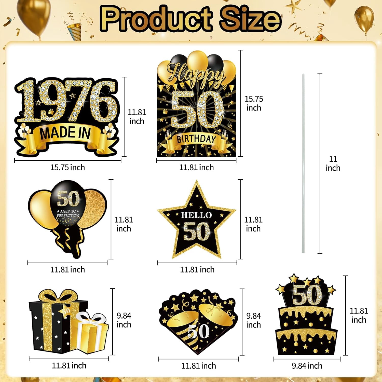 Generic 50th Birthday Yard Sign Decorations Set, Black and Gold Lawn Party Supplies with Stakes (7 Pieces) fw8yt