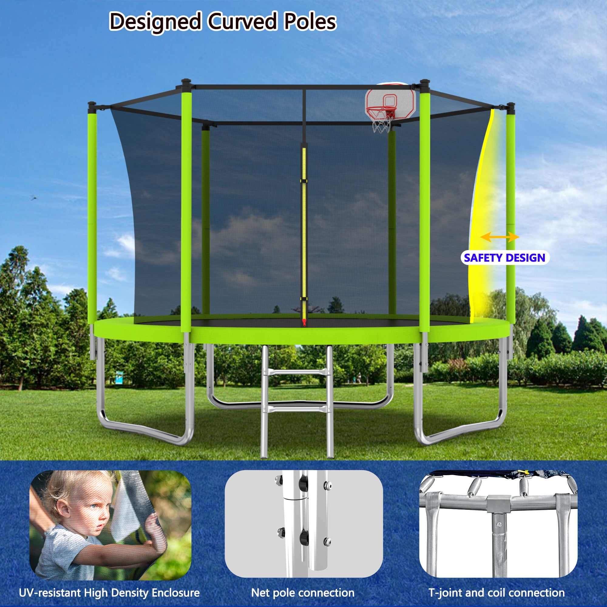 Leumius 10 ft Outdoor Trampoline for Kids with Basketball Hoop and Safety Enclosure Net (Green, 10 ft) 5ymx0