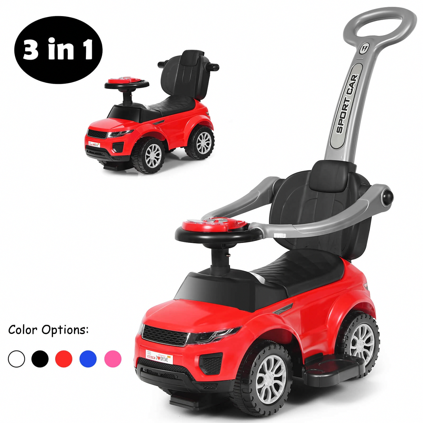 INFANS 3-in-1 Ride-On Push Car Toddler Stroller with Music and Storage (Red) yswuz