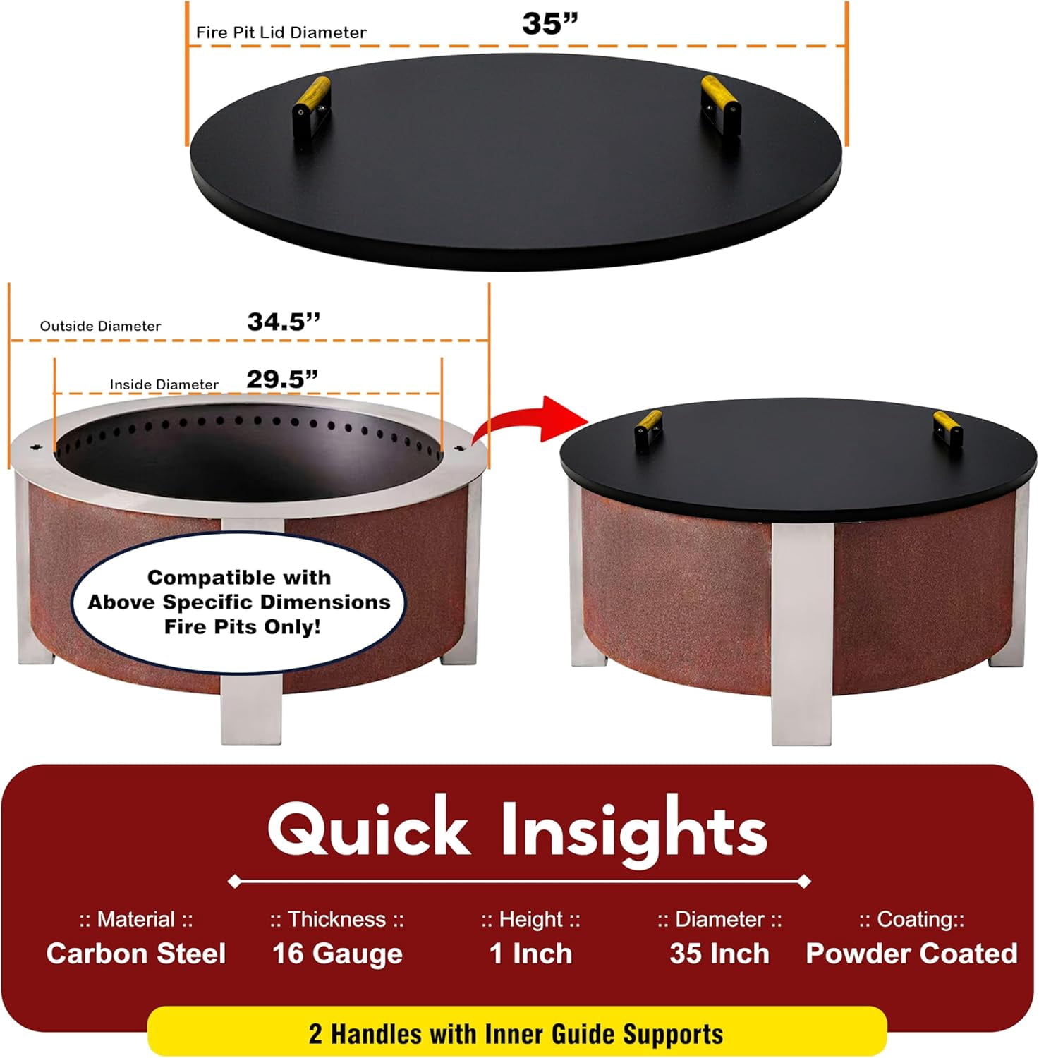 FEBTECH Solid Carbon Steel Fire Pit Lid for 34.5 Inch Smokeless Fire Pits (Black, 35 in) umhgd