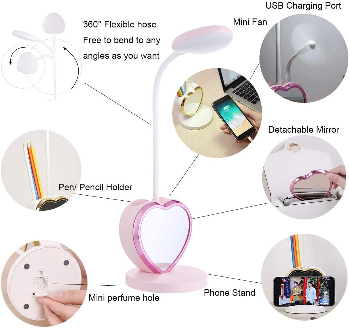 TOEVER LED Desk Lamp for Study and Reading, Eye-Caring Table Light with Pen Holder, Phone Stand, and Mirror (Pink, 1 Unit) k4kpm