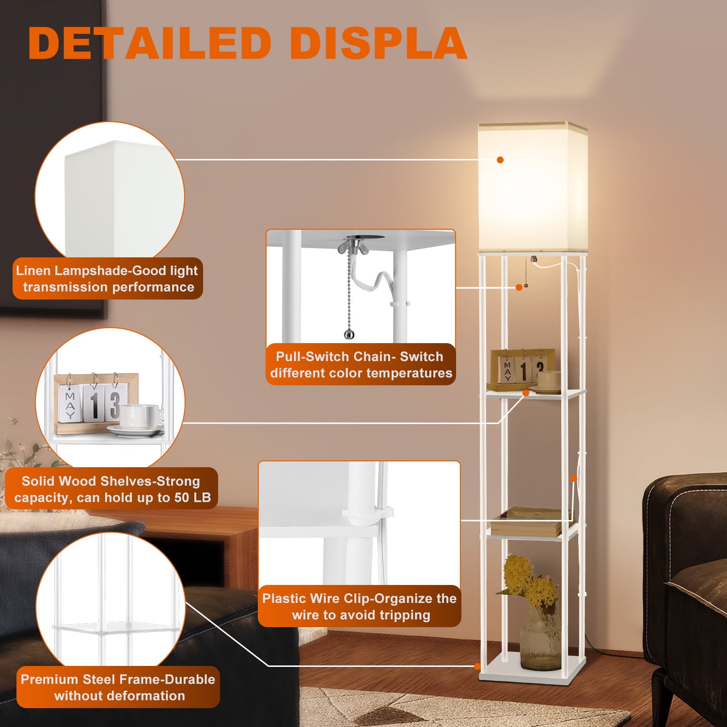 Vesteel Floor Lamp with Shelves, Modern Standing Lamp with 3-Color Adjustable LED Bulb (Black, 63 in) ef831