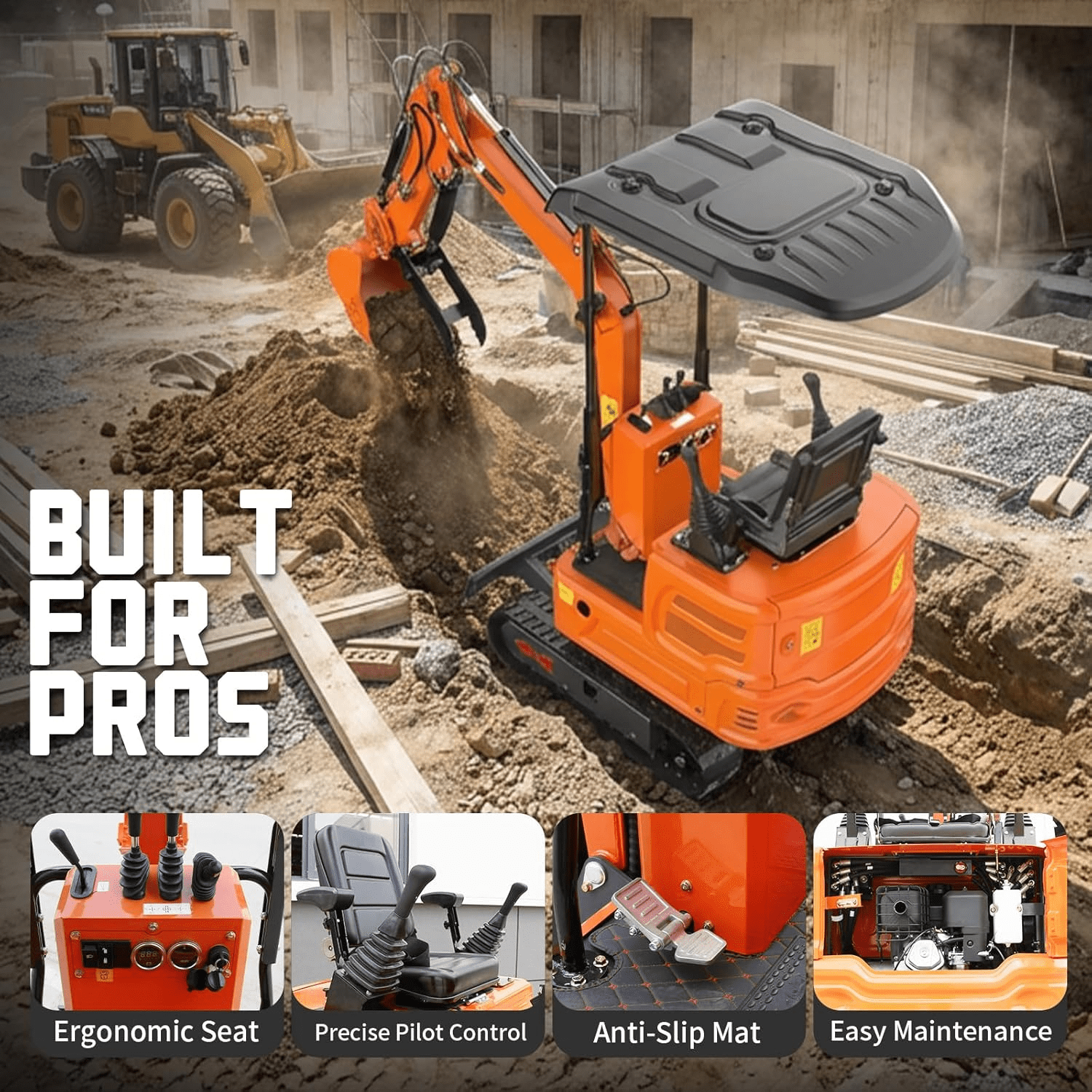 DigMaster 1.2 Ton Mini Excavator with 13.5 HP Gasoline Engine and Hydraulic Thumb (Orange, 2650 lb) diey3