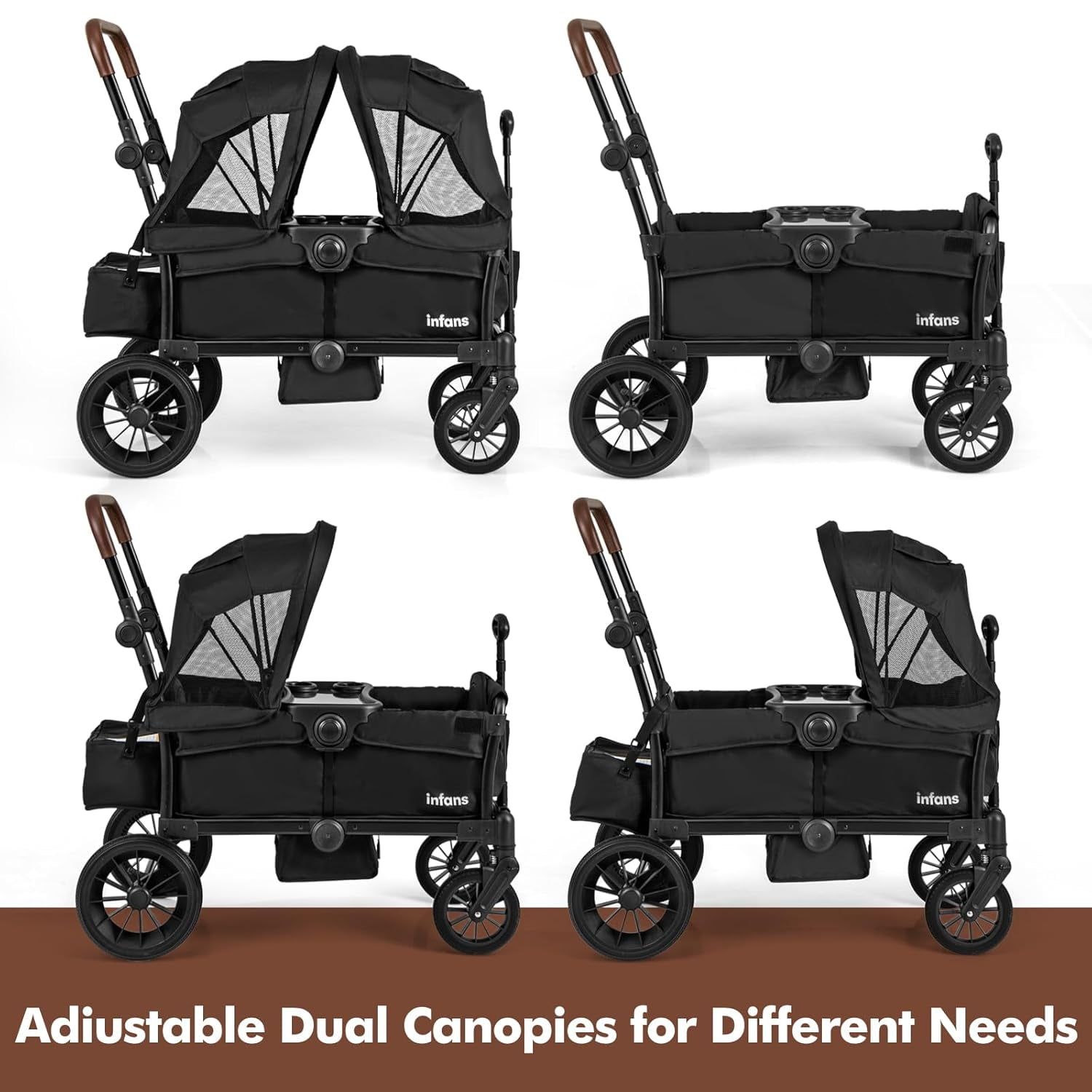INFANS 2-Seater Wagon Stroller, Collapsible Double Stroller with Adjustable Canopy and Snack Tray (Black, 41 in x 22 in x 42 in) 0vei3