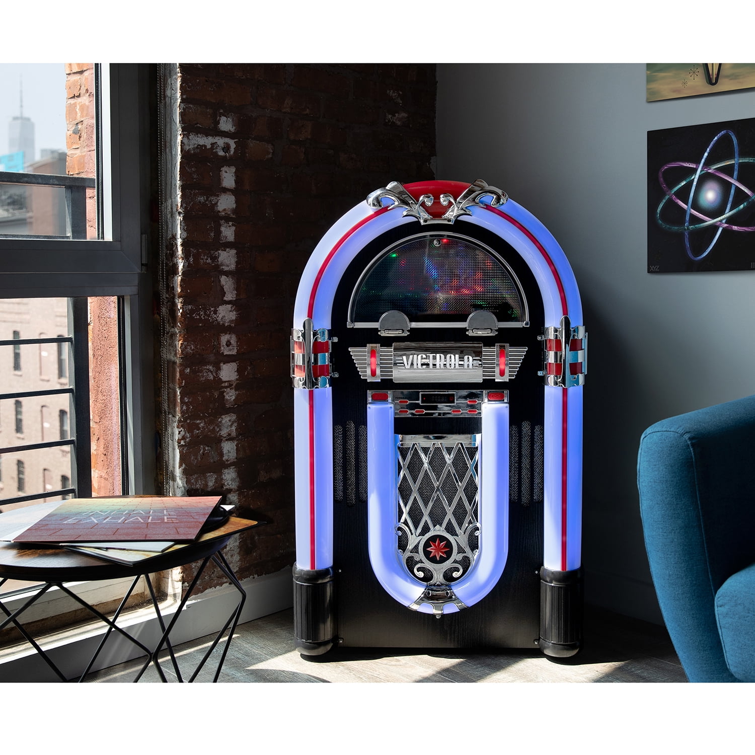 Victrola Mayfield Full-Size Jukebox Record Player with Bluetooth and LED Lighting (Black) oyvnt