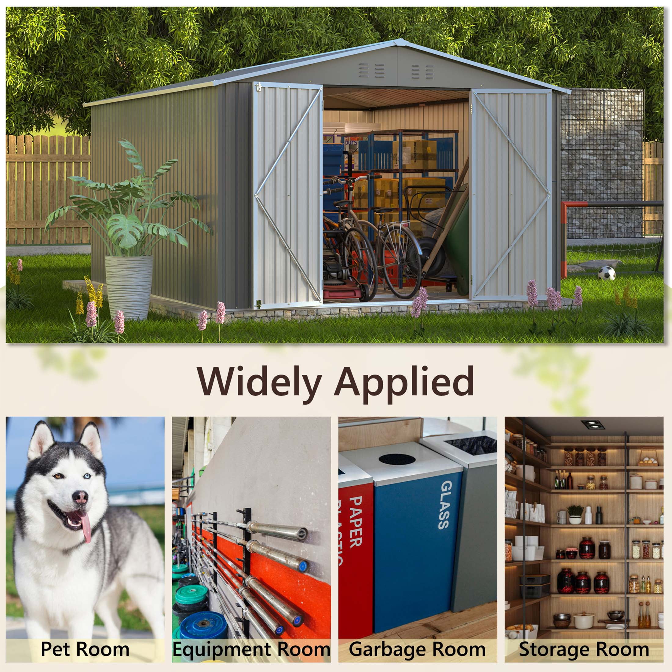 LZBEITEM Outdoor Storage Shed with Floor Frame Kit, Galvanized Steel Garden Tool Shed, Weatherproof Backyard Storage with Lockable Double Doors (Gray, 10 ft x 12 ft) 7fx83