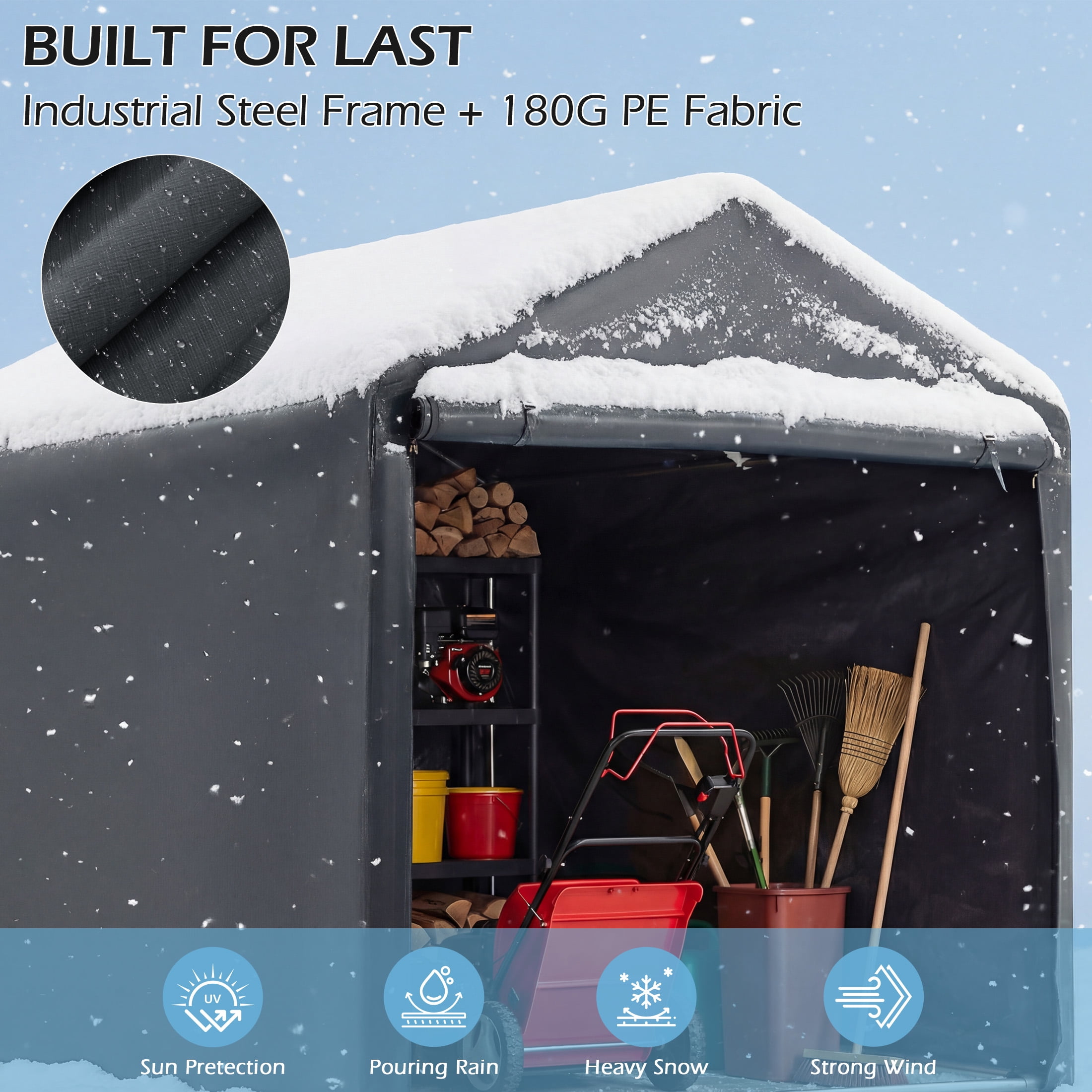 Erommy Outdoor Storage Shed, Heavy-Duty Portable Shelter with Zipper Door for Motorcycles and Garden Tools (Black, 7.2 ft x 5 ft x 5.4 ft) nj760